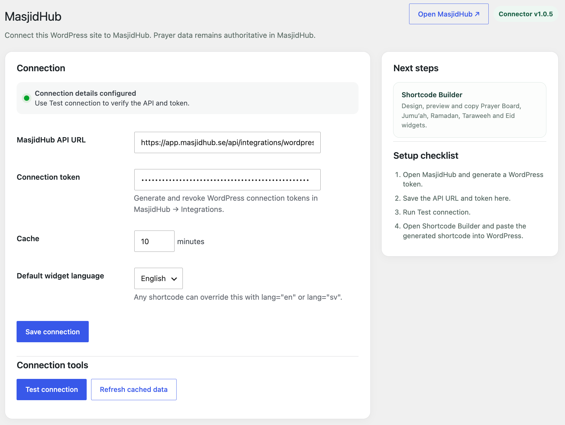 Connect WordPress securely to MasjidHub, verify the connection and configure cache and language defaults.
