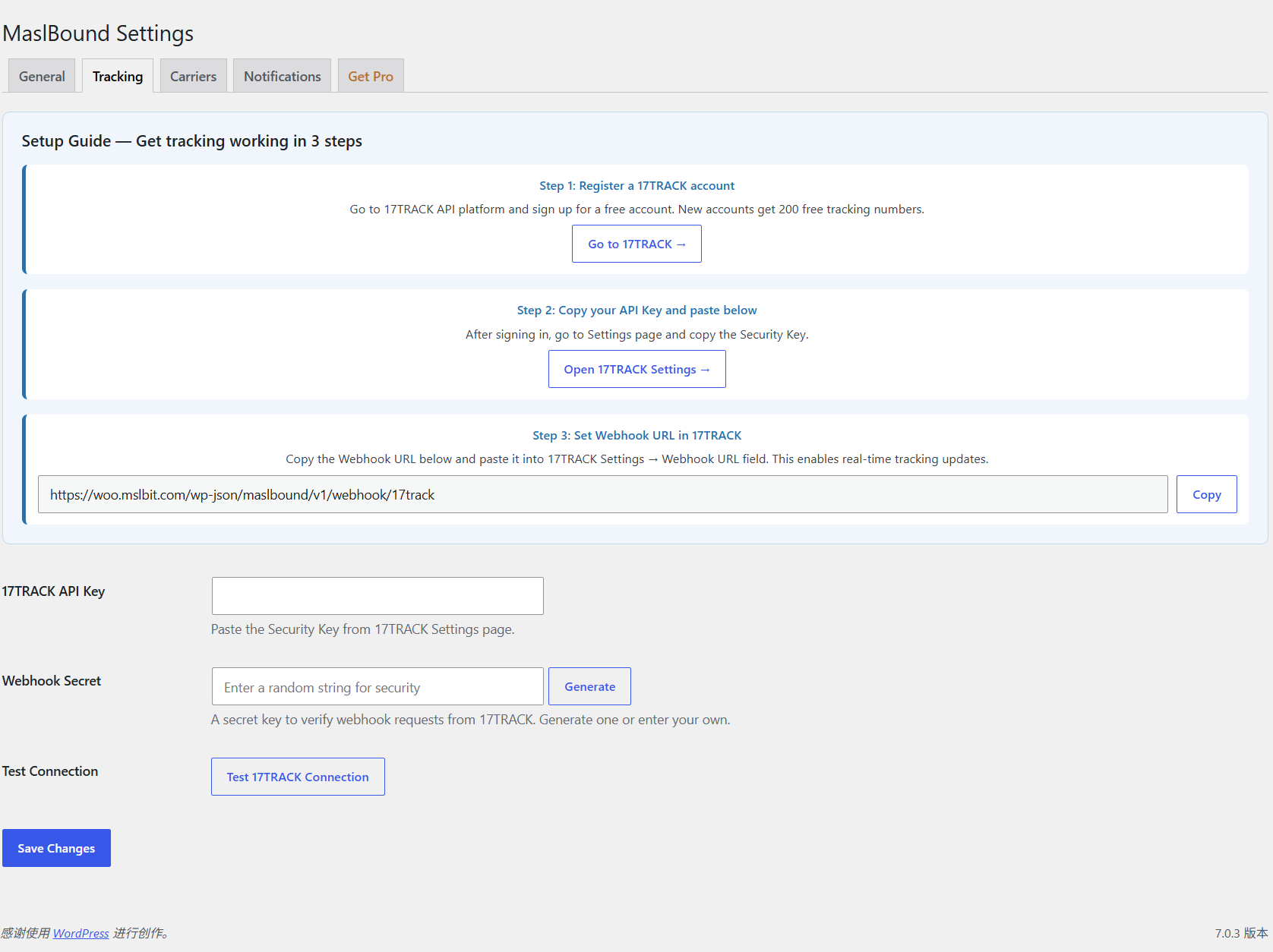 Settings — Tracking — Connect 17TRACK for automated tracking updates via webhook
