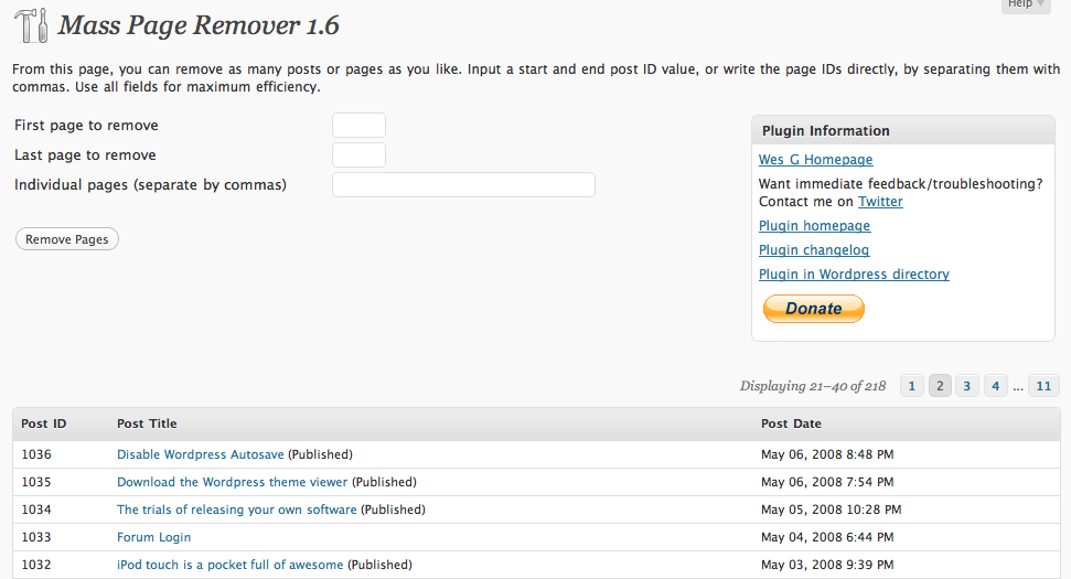 The admin panel interface for Mass Page Remover.