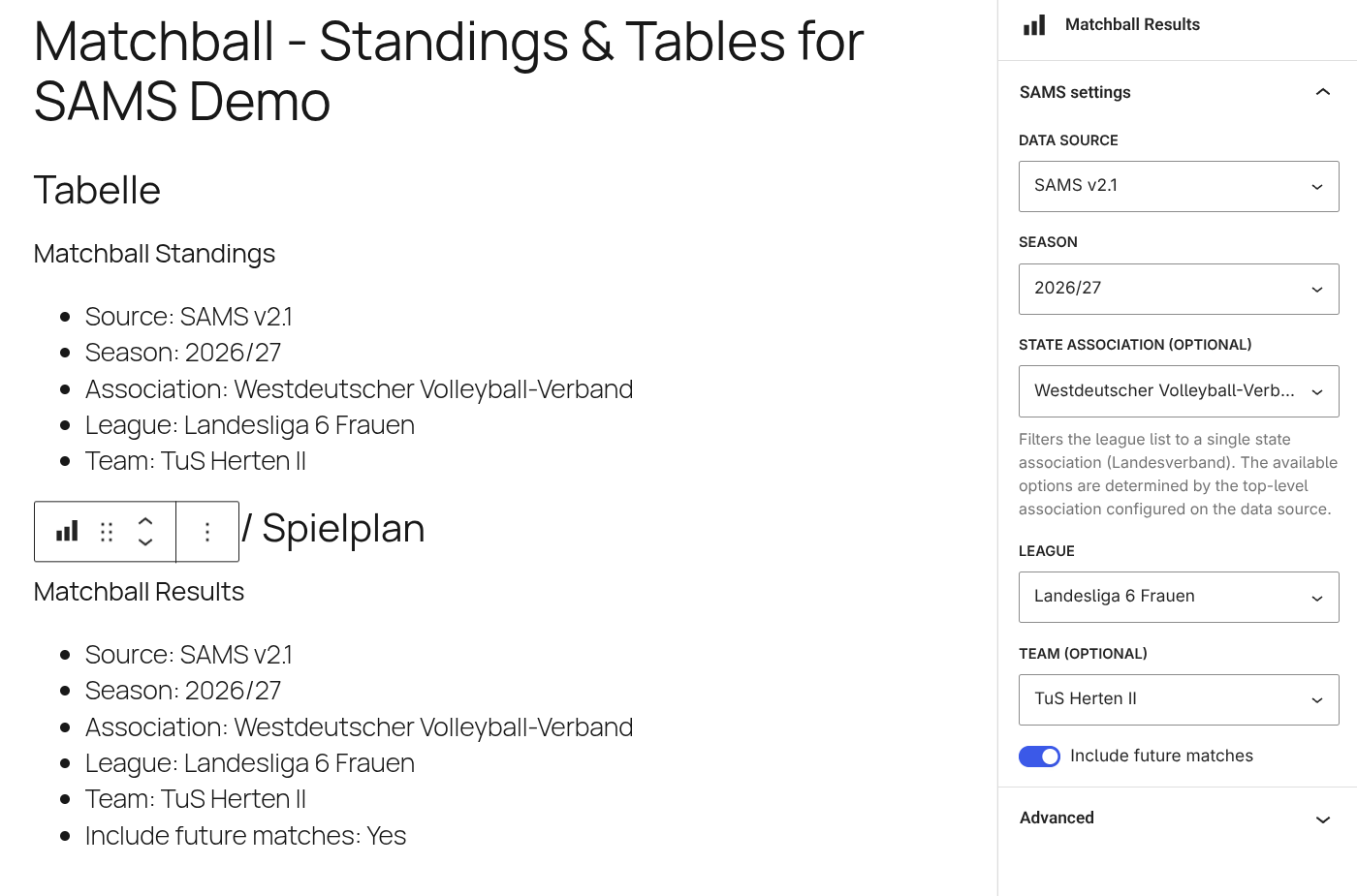 Backend output: standings table and results with settings sidebar