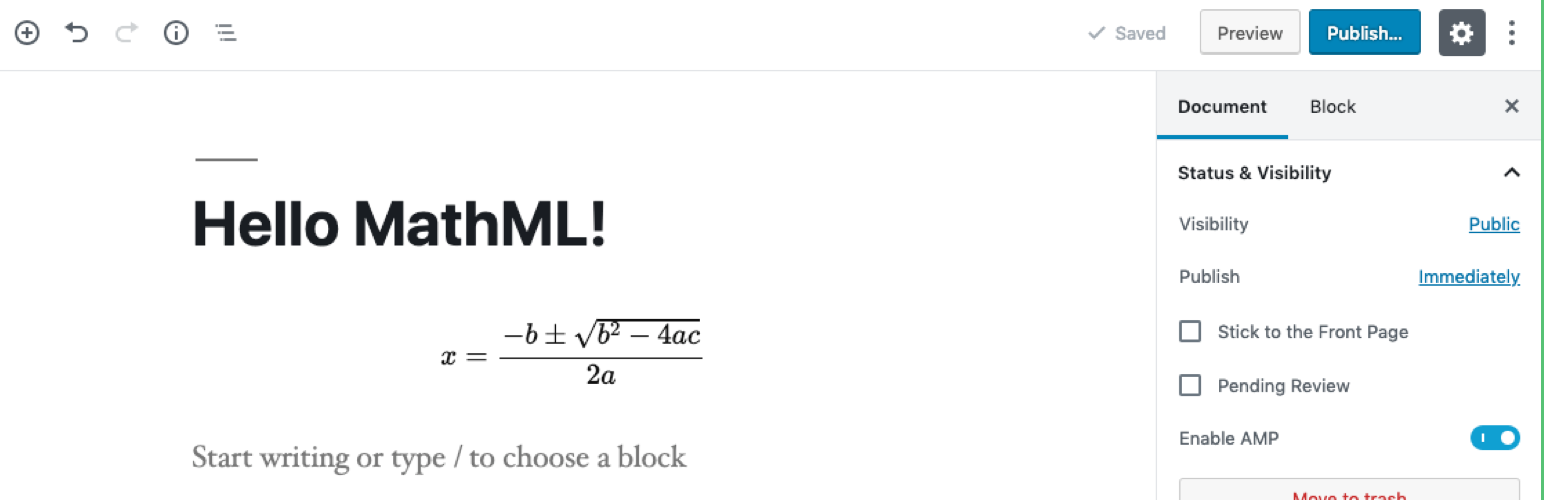 WordPress 外掛 MathML Block 的封面圖片。