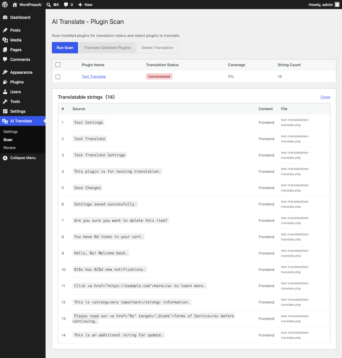 Plugin scan page showing translation status of installed plugins