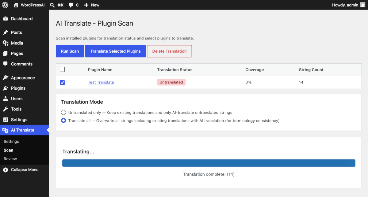 Translation progress with real-time updates