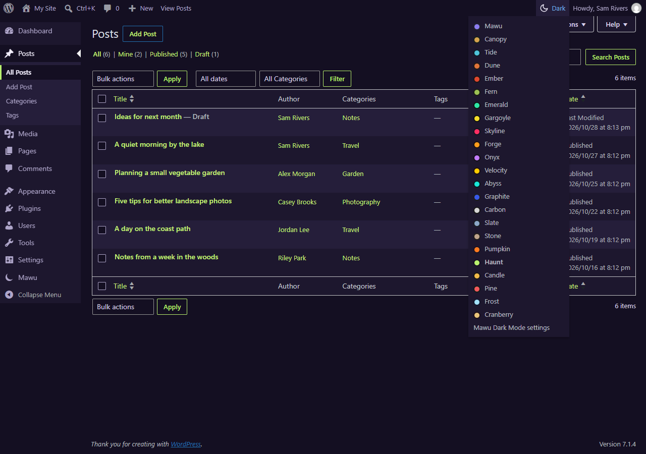 The dark mode button in the top admin bar: one click switches, and the list picks any of the 23 themes.