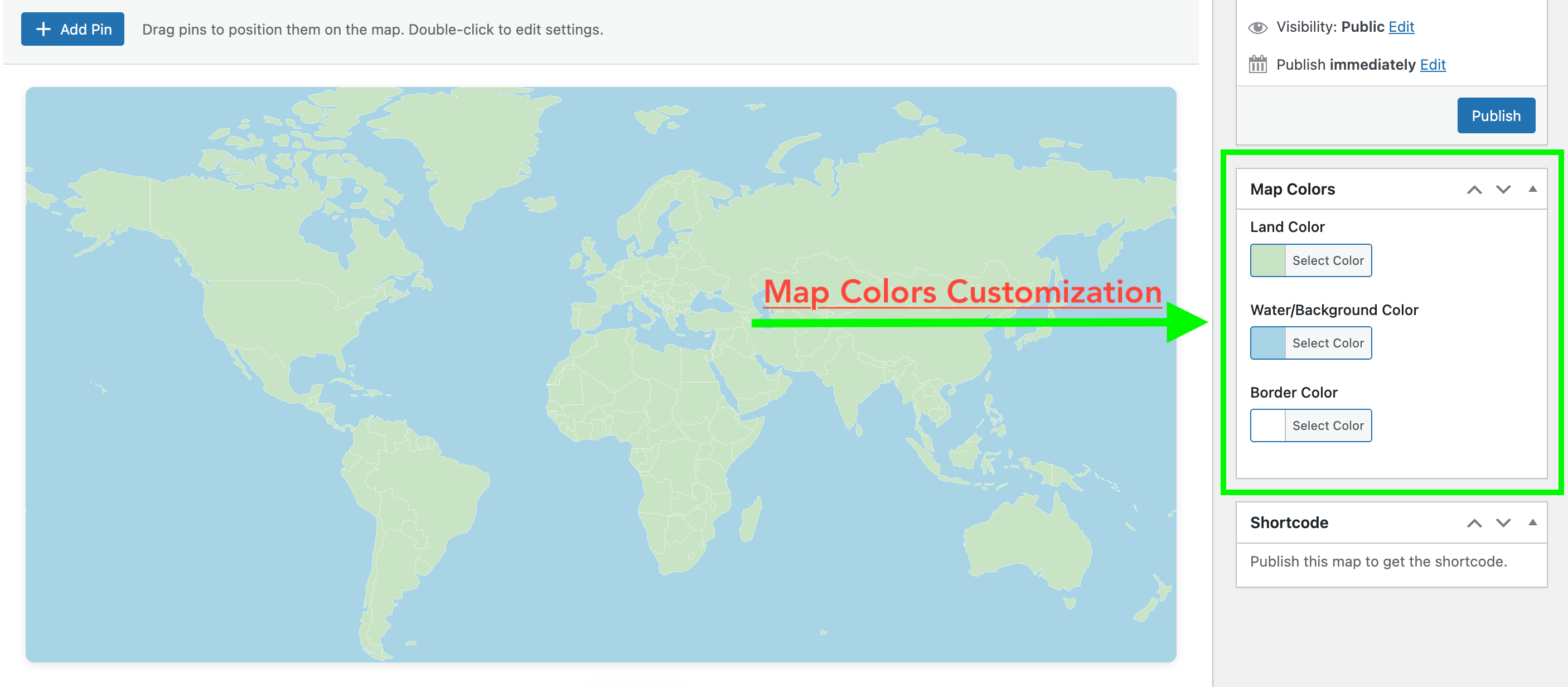 Map color controls for customizing land, water/background, and borders
