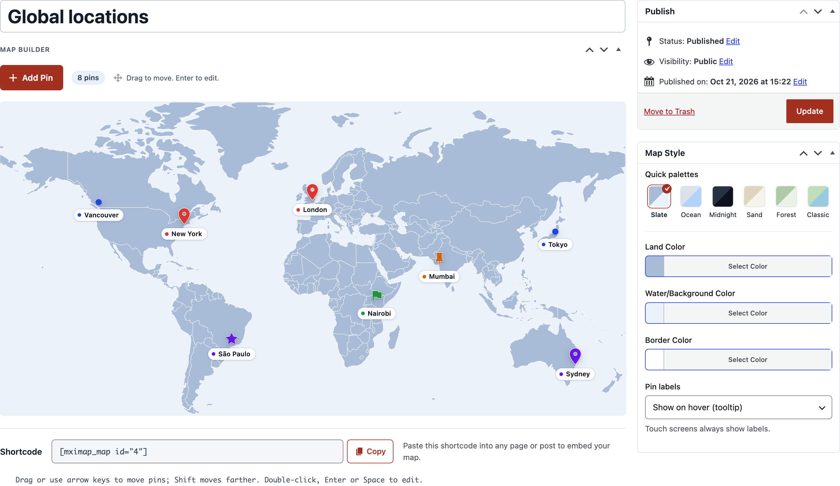 Field Notes Map Builder with named palettes, pin labels, label display options, and shortcode copying below the map