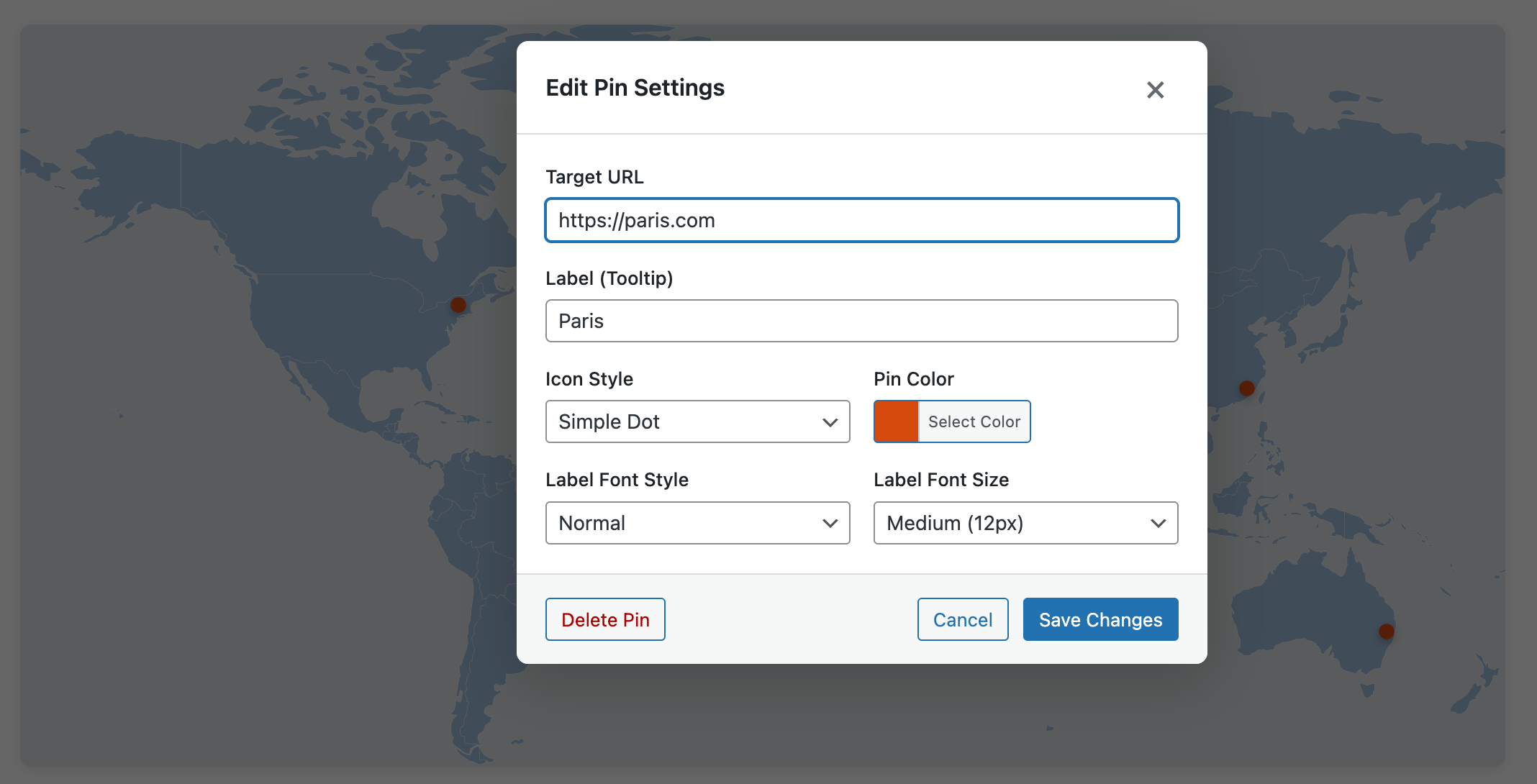 Pin settings dialog for URLs, labels, icon styles, colors, and font options