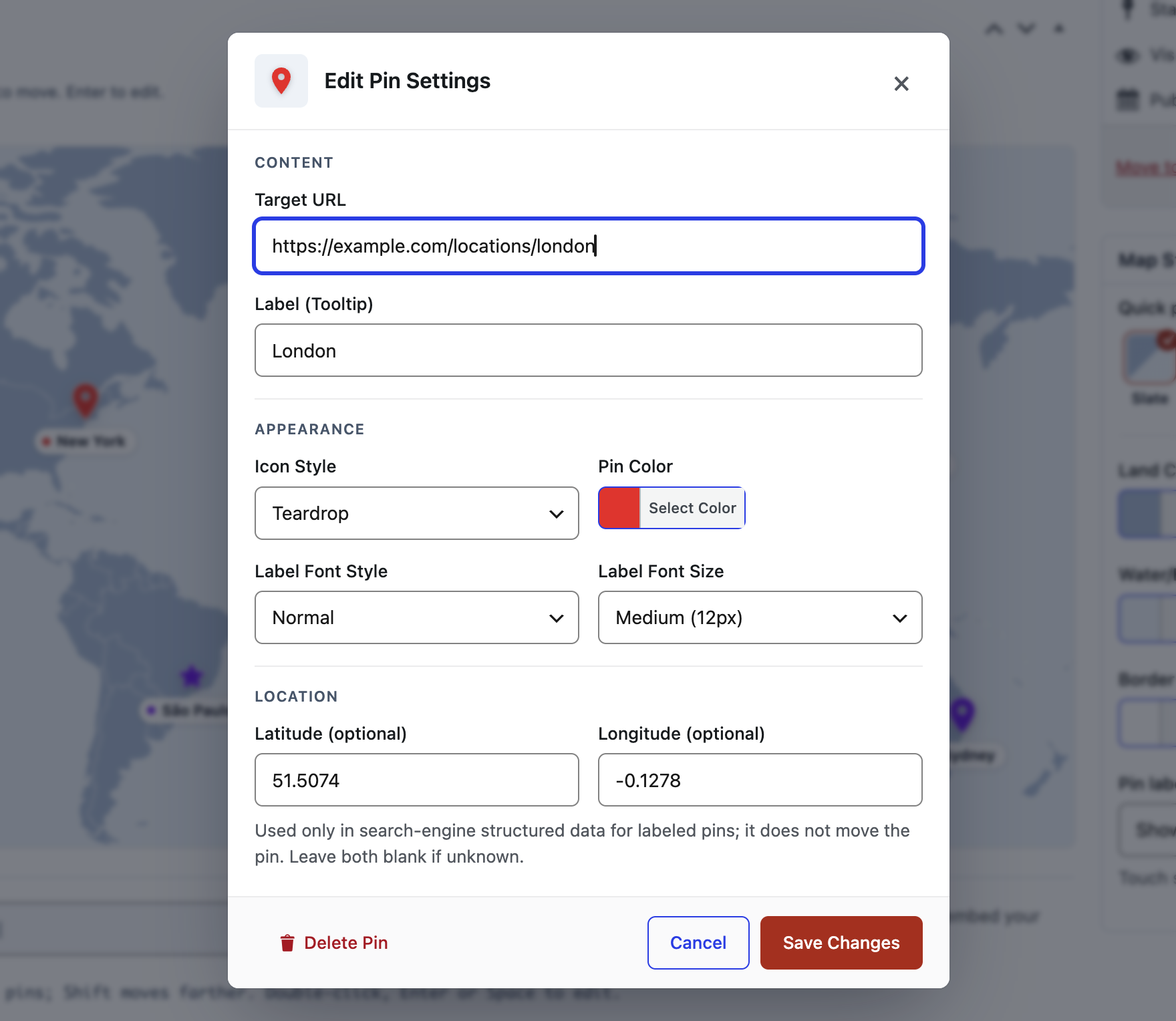 Pin settings with a live icon preview, link and label options, colors, typography, and optional coordinates
