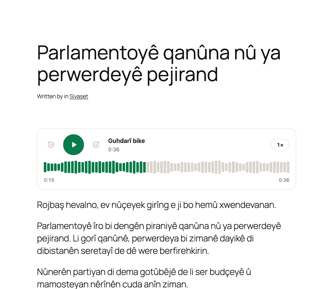 The listen button on a post: waveform you can click and drag, 15 s back/forward and speed.