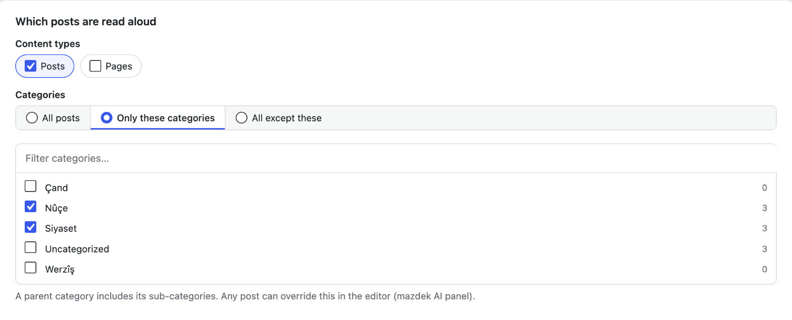 Which posts are read aloud: all, only some categories, or all except some.
