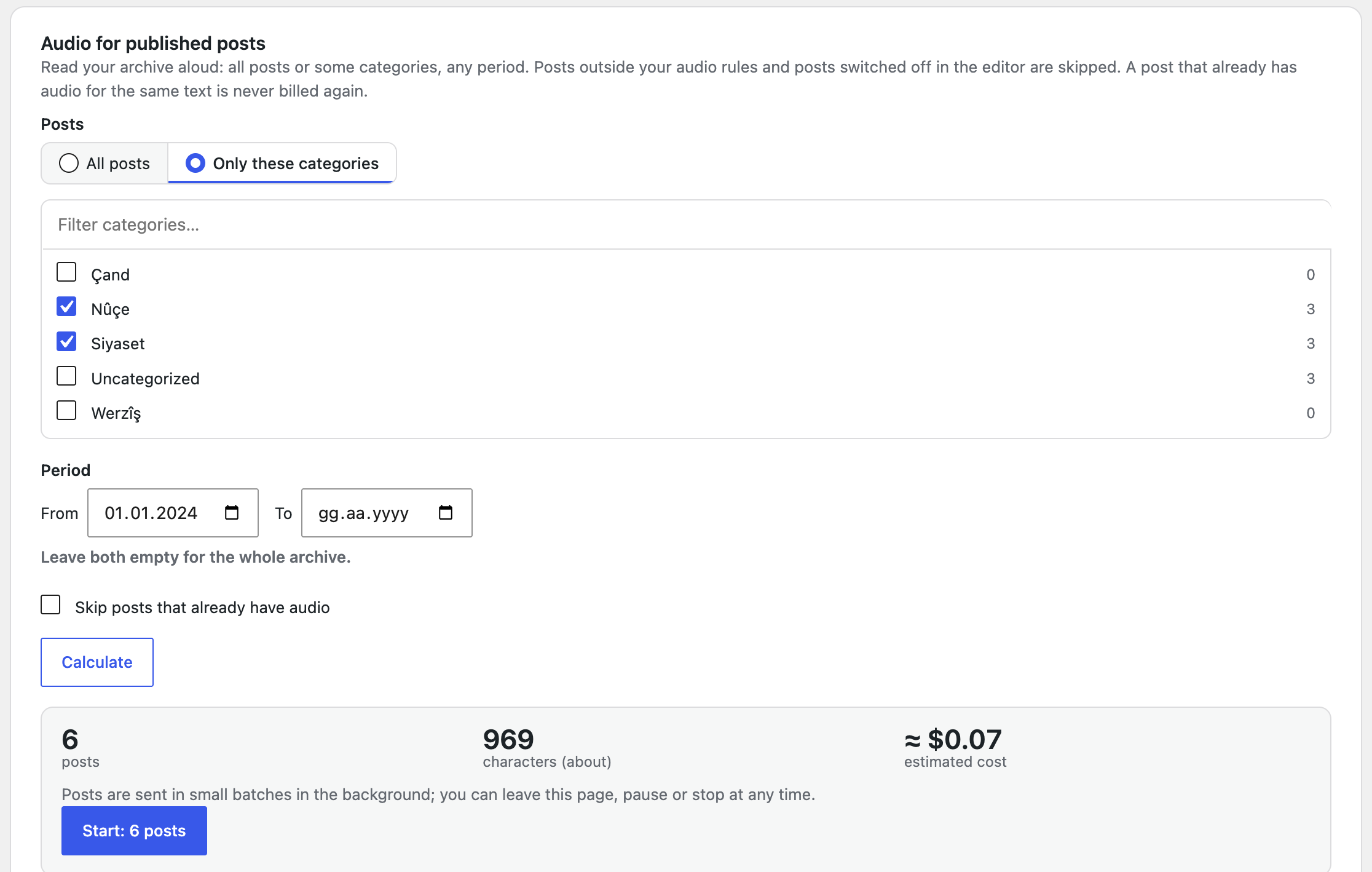Audio for your archive: pick categories and a period, see the number of posts and the estimated cost, then start.