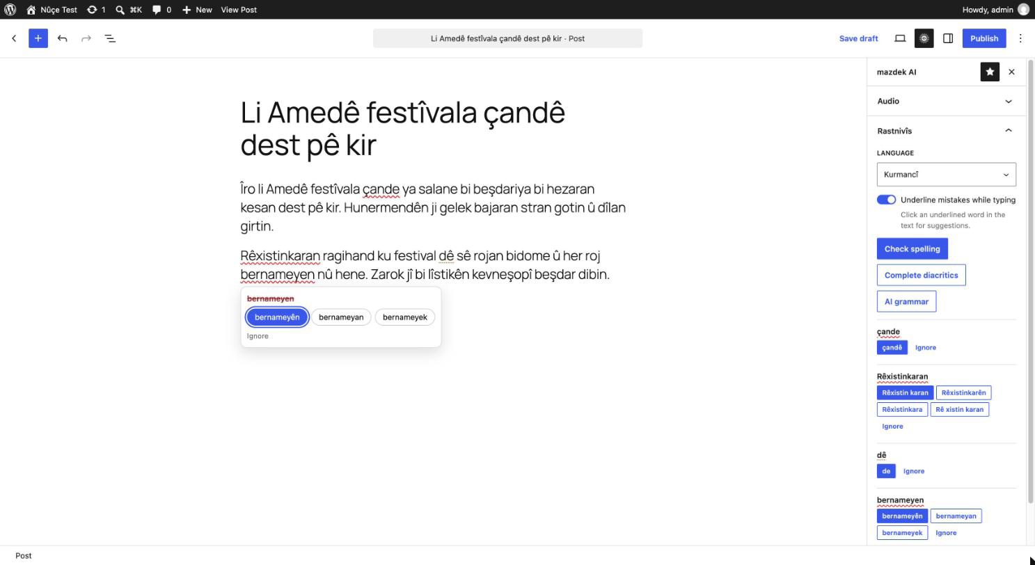 Rastnivîs while typing: mistakes are underlined in the text, click a word for suggestions.