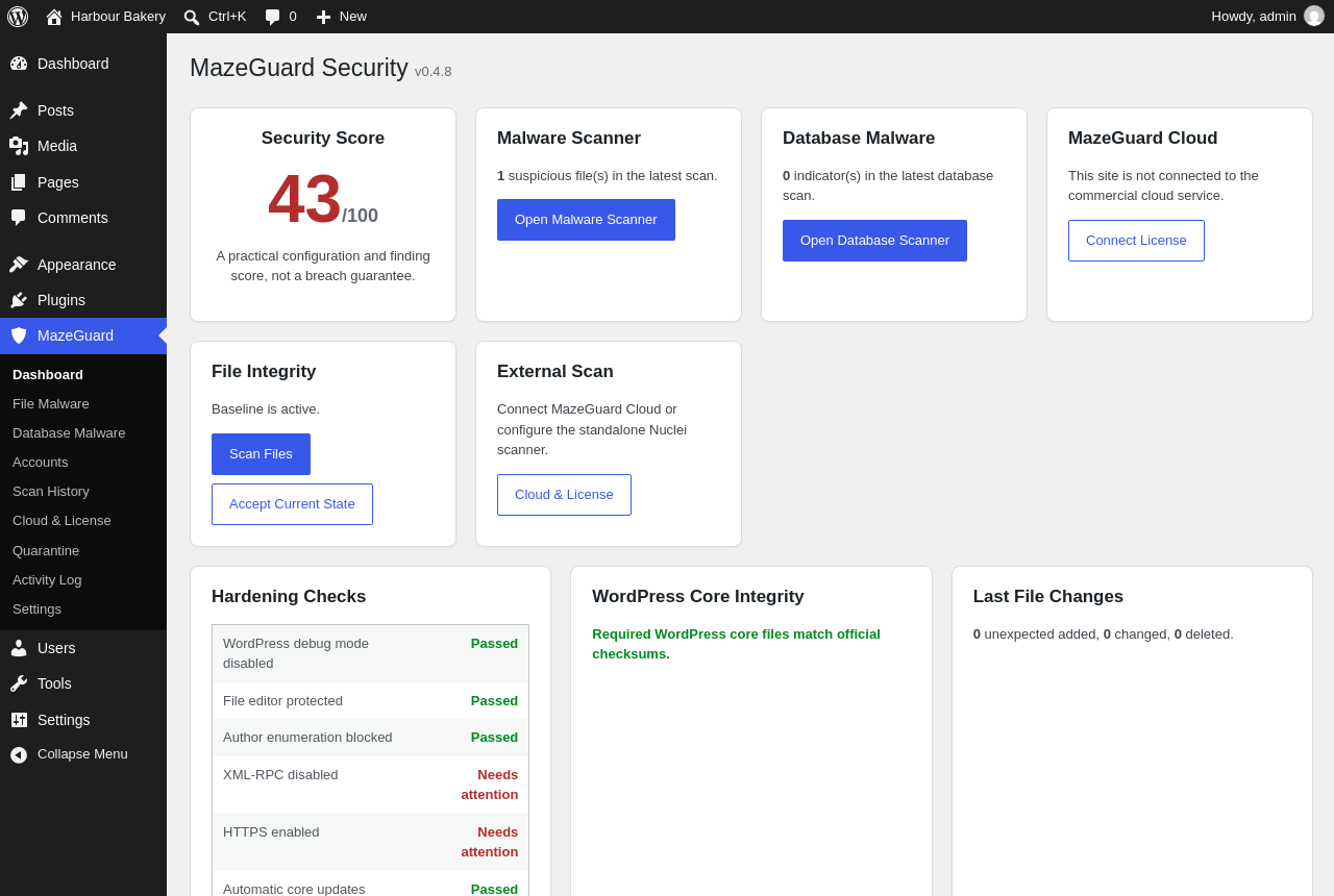 The dashboard: security score, scanner results, hardening checks and WordPress core integrity at a glance.