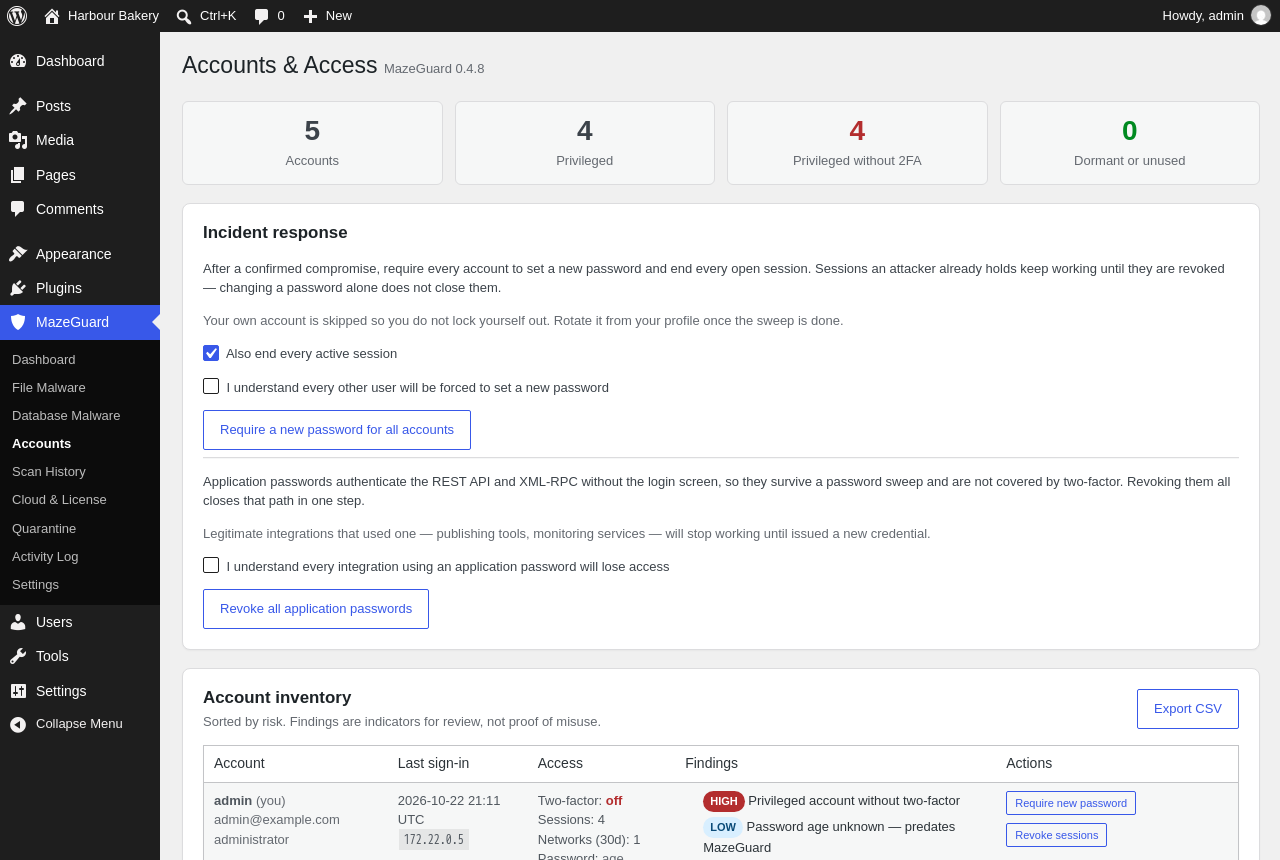 Account security: every account with risk flags, sign-in history, password and session controls, and incident-response tools.