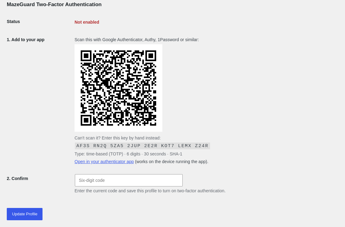 Two-factor setup with any authenticator app. The QR code is drawn on your own server.