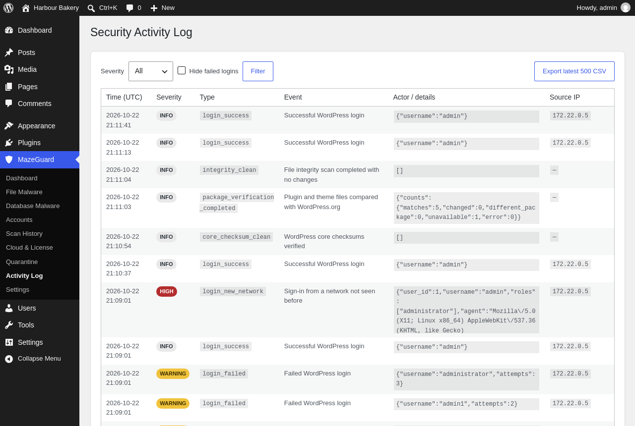 The activity log, with severity filtering and CSV export.