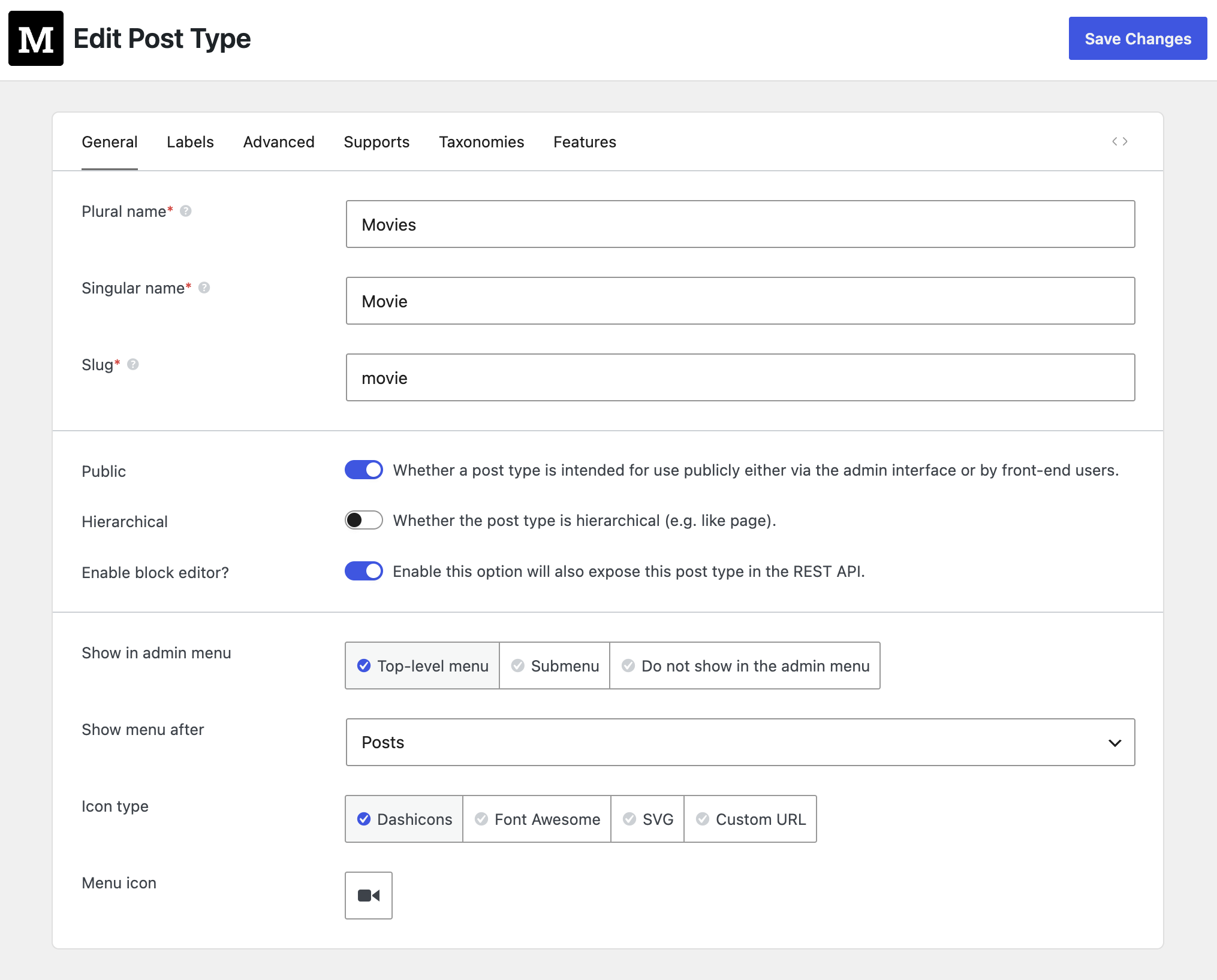 Edit custom post type - General tab