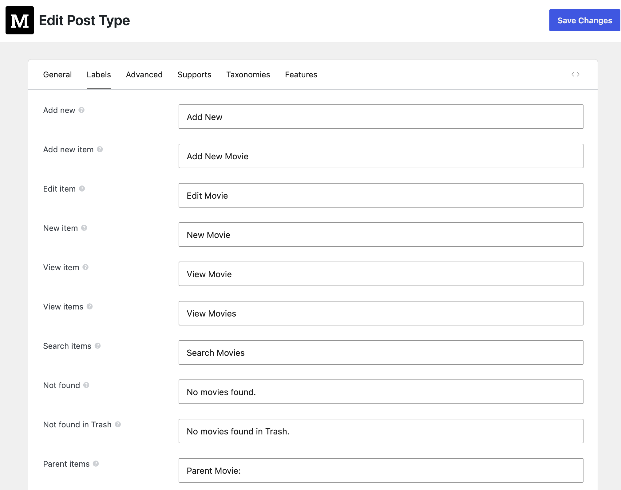 Edit custom post type - Labels tab