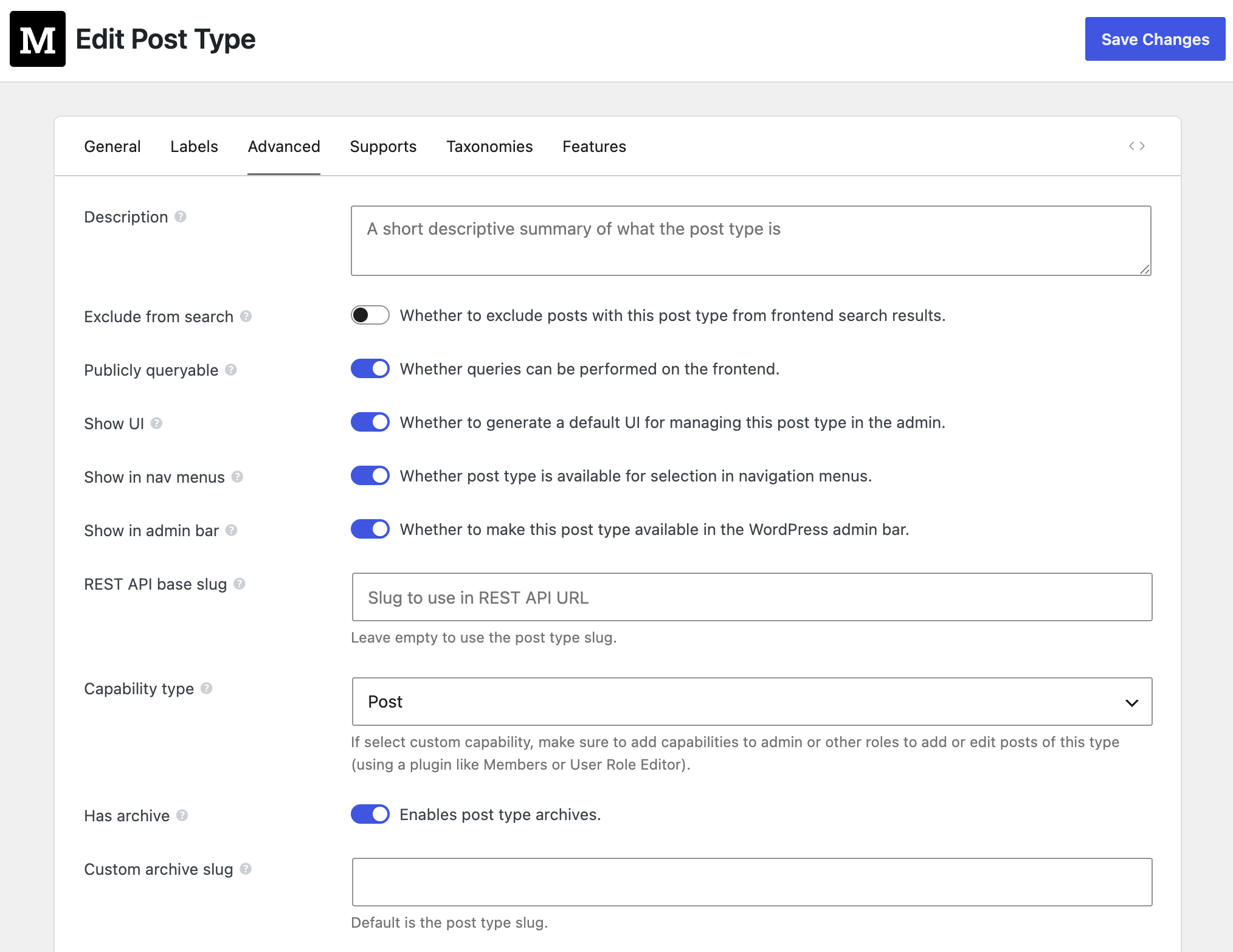 Edit custom post type - Advanced tab