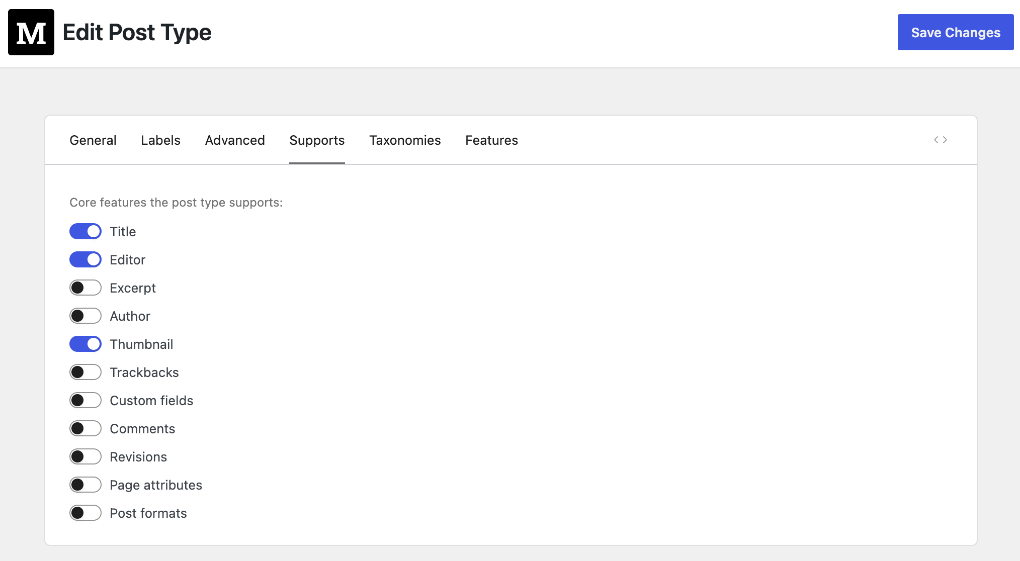 Edit custom post type - Supports tab