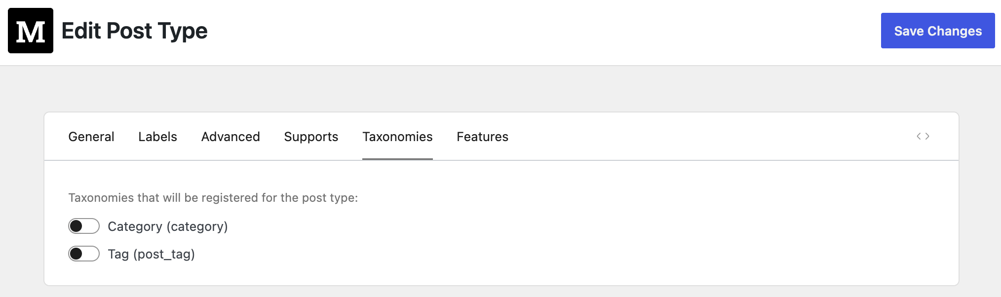Edit custom post type - Taxonomies tab