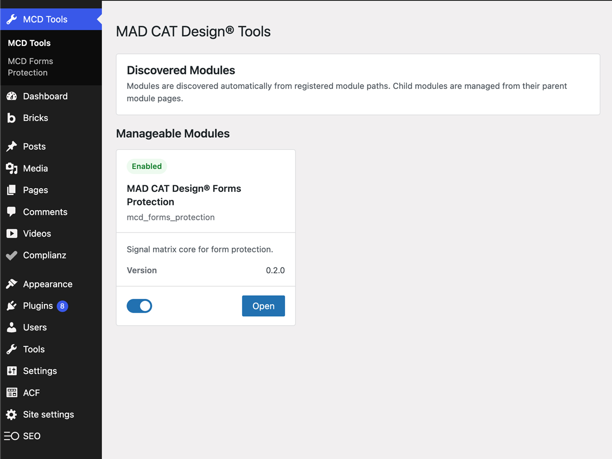 Module overview in MCD Tools showing MAD CAT Design® Forms Protection as an enabled standalone protection module.
