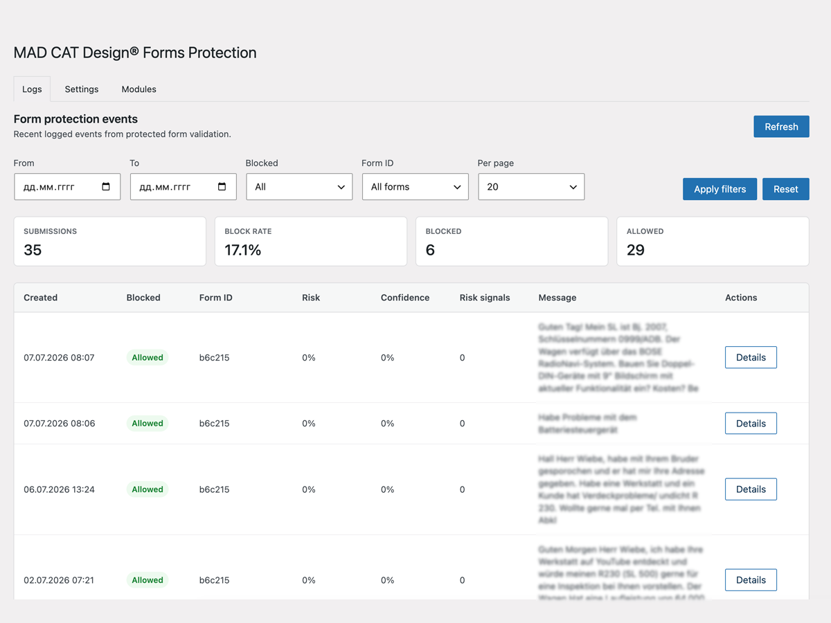 Protection log overview with filters, submission statistics and accepted or blocked form events.