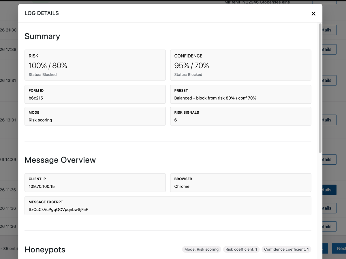 Detailed log view with risk score, confidence score, triggered signals and message context.