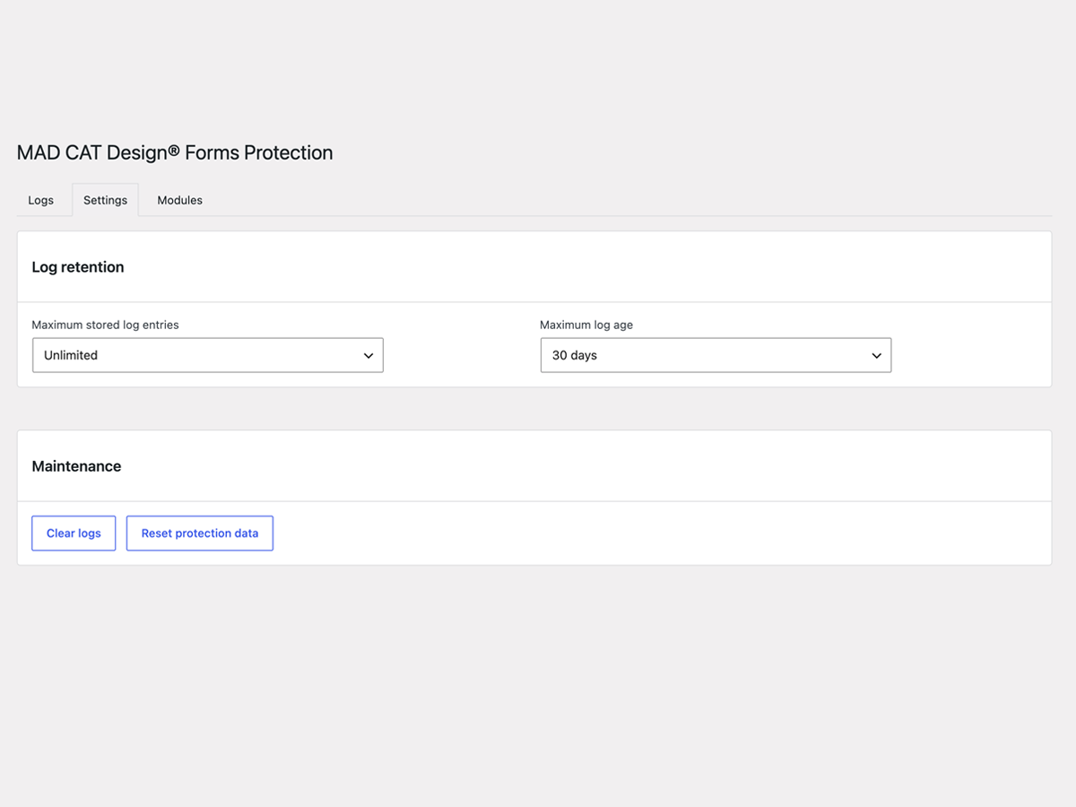 Settings screen for configuring log retention and maintenance actions.