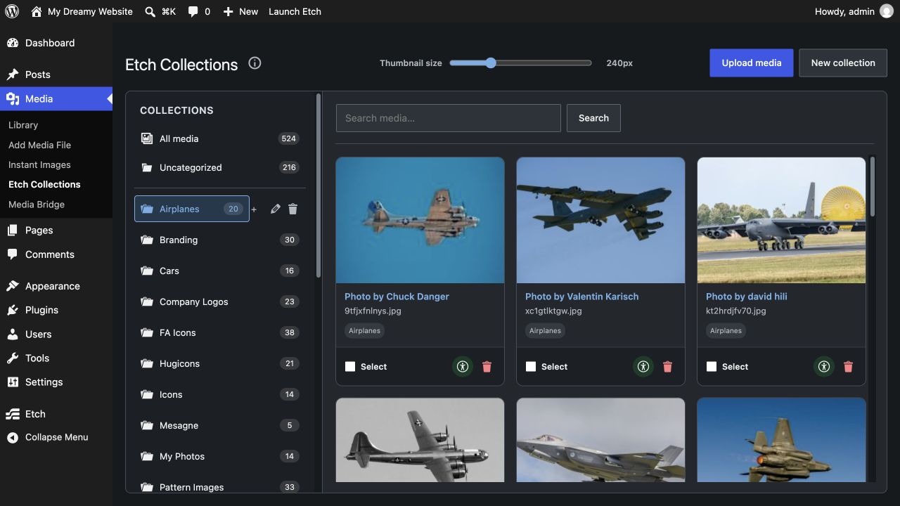 The native Etch Collections media workspace with collection filtering, adjustable thumbnail sizing, bulk selection tools, and dark appearance.