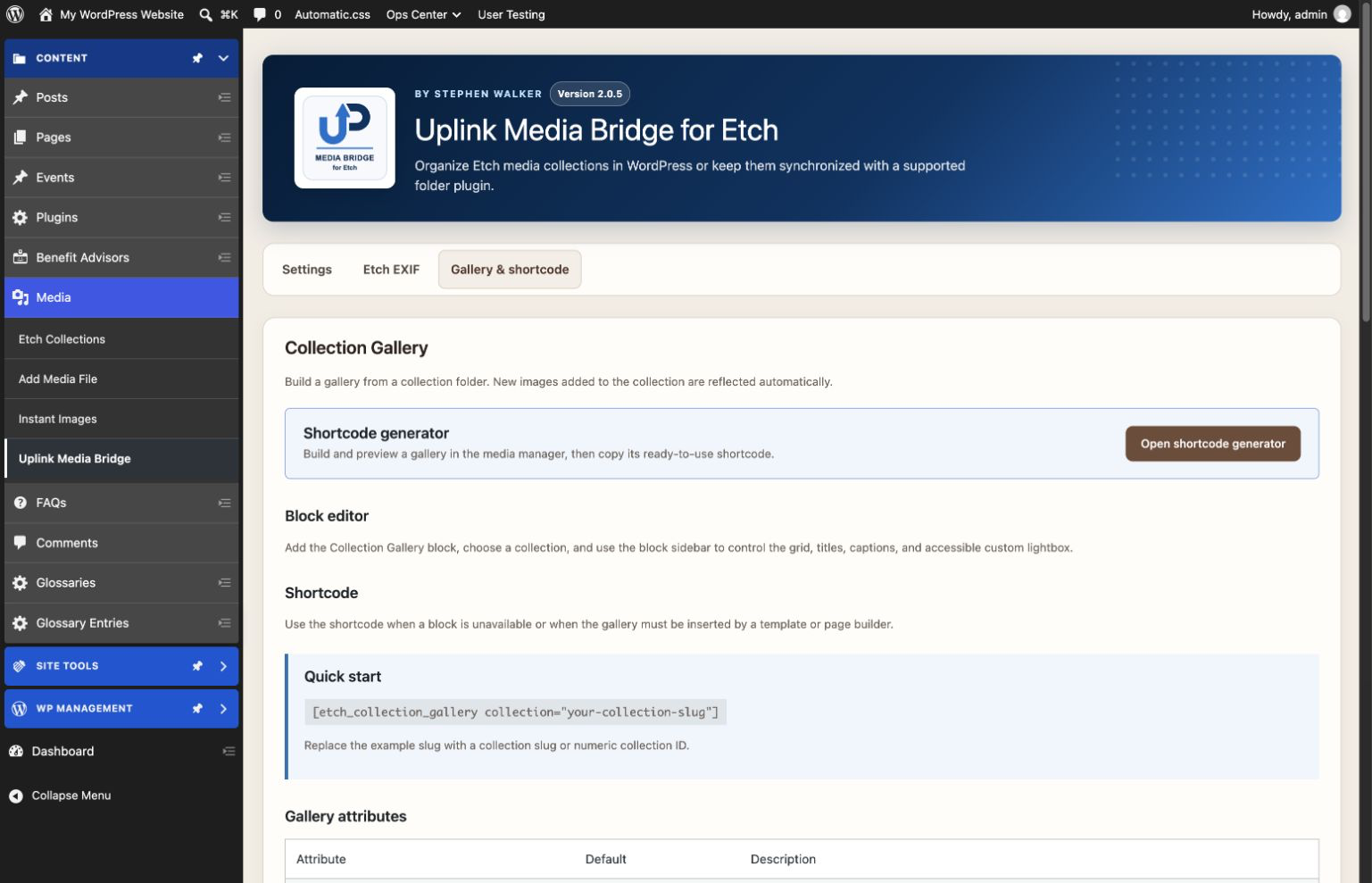 Use the Gallery & shortcode documentation tab for block guidance, shortcode attributes, and lightbox options.