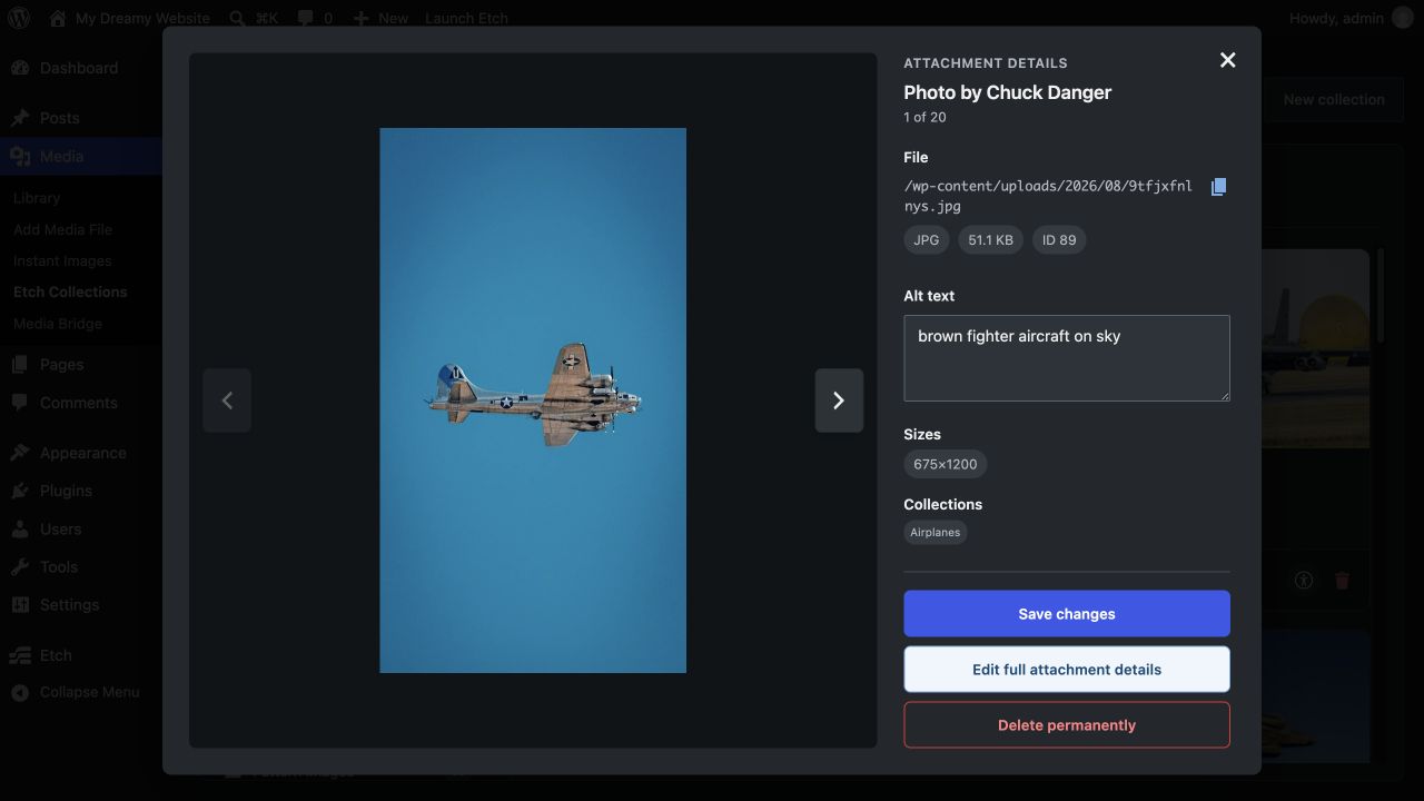 The in-place attachment details modal with previous and next navigation, alt-text editing, file metadata, and collection membership.