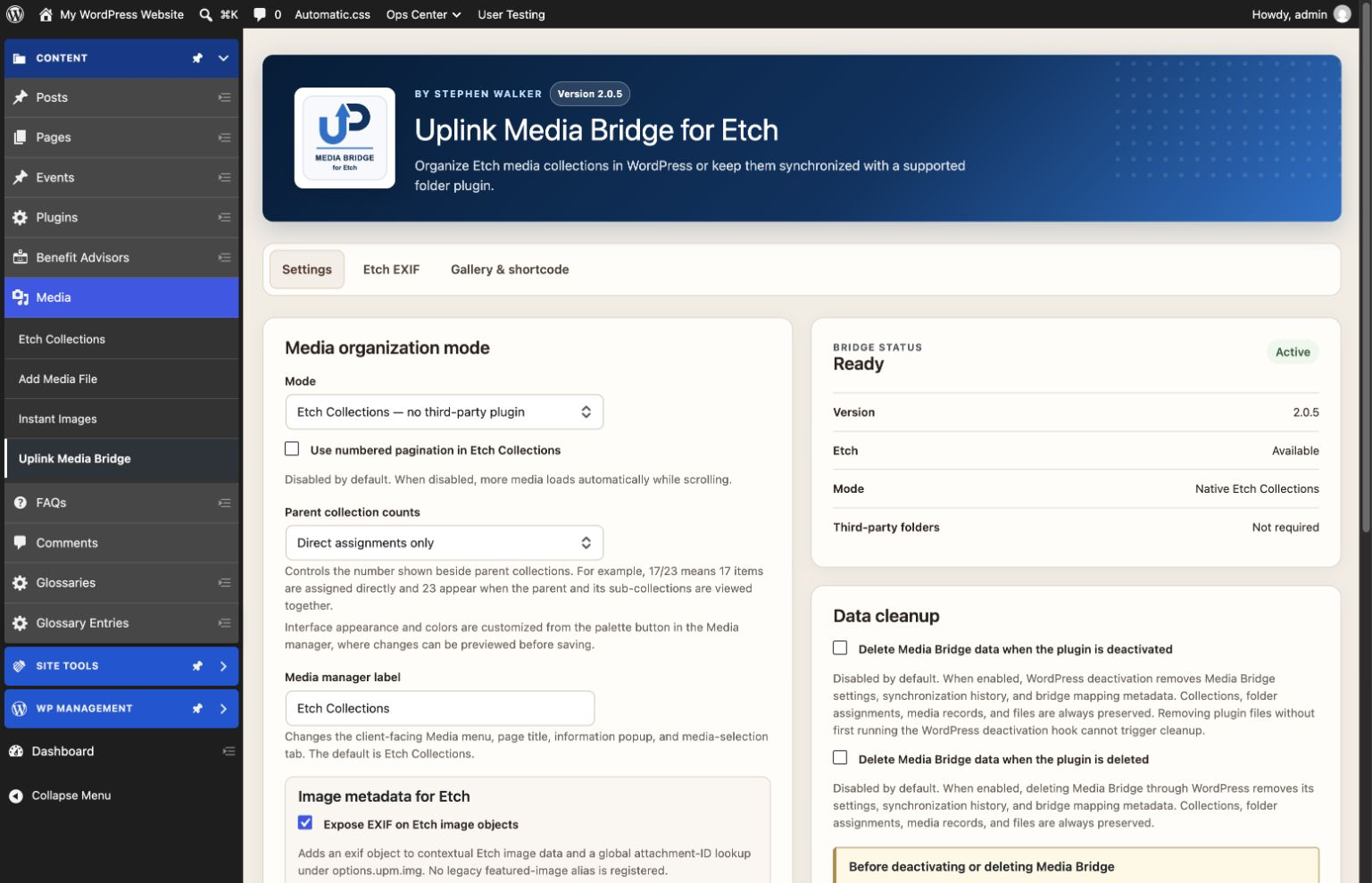 The Media Bridge settings with native organization mode, Etch image metadata options, data cleanup controls, and current plugin status.