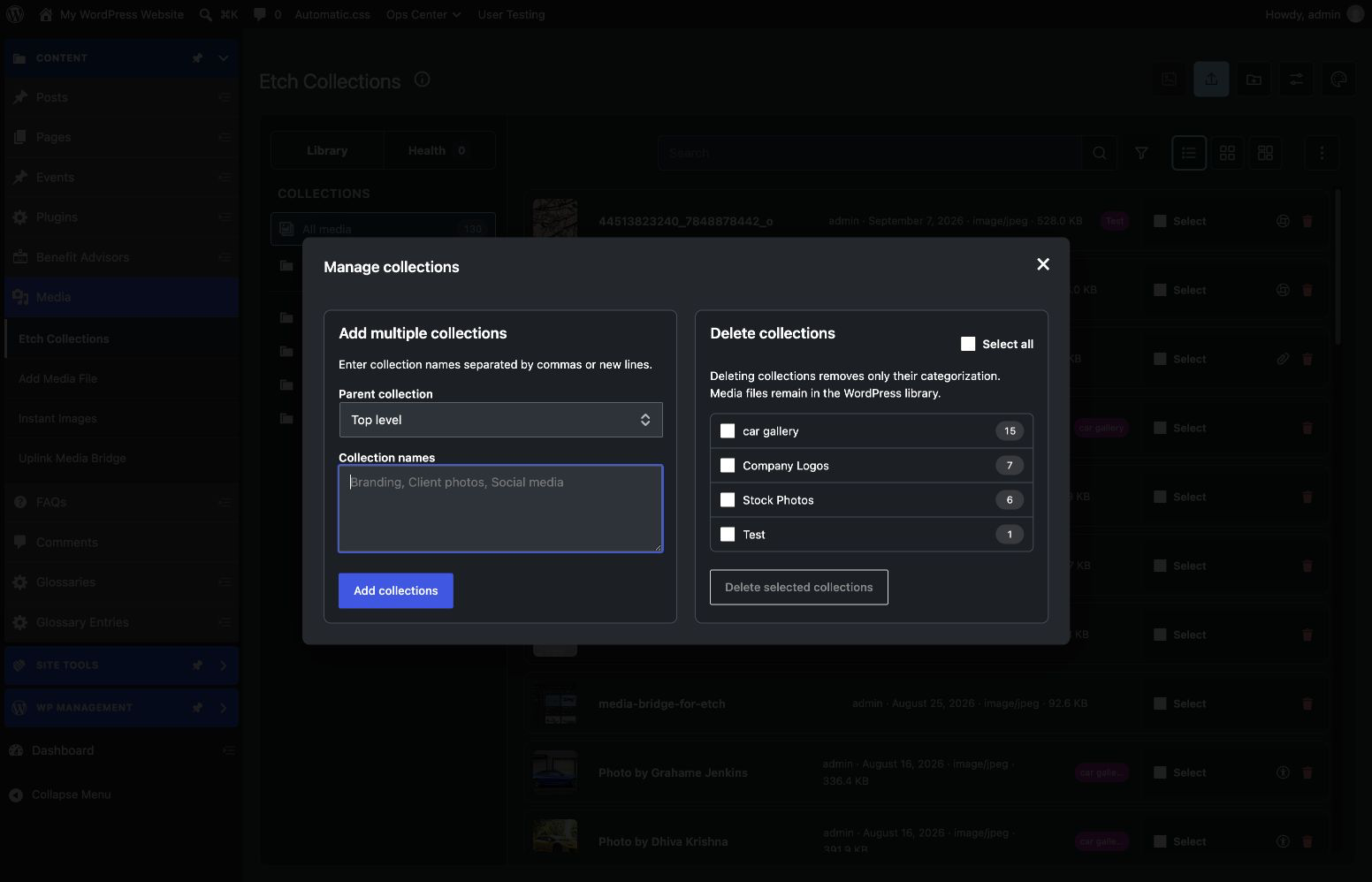 Manage multiple collections at once with comma-delimited creation and taxonomy-only deletion.