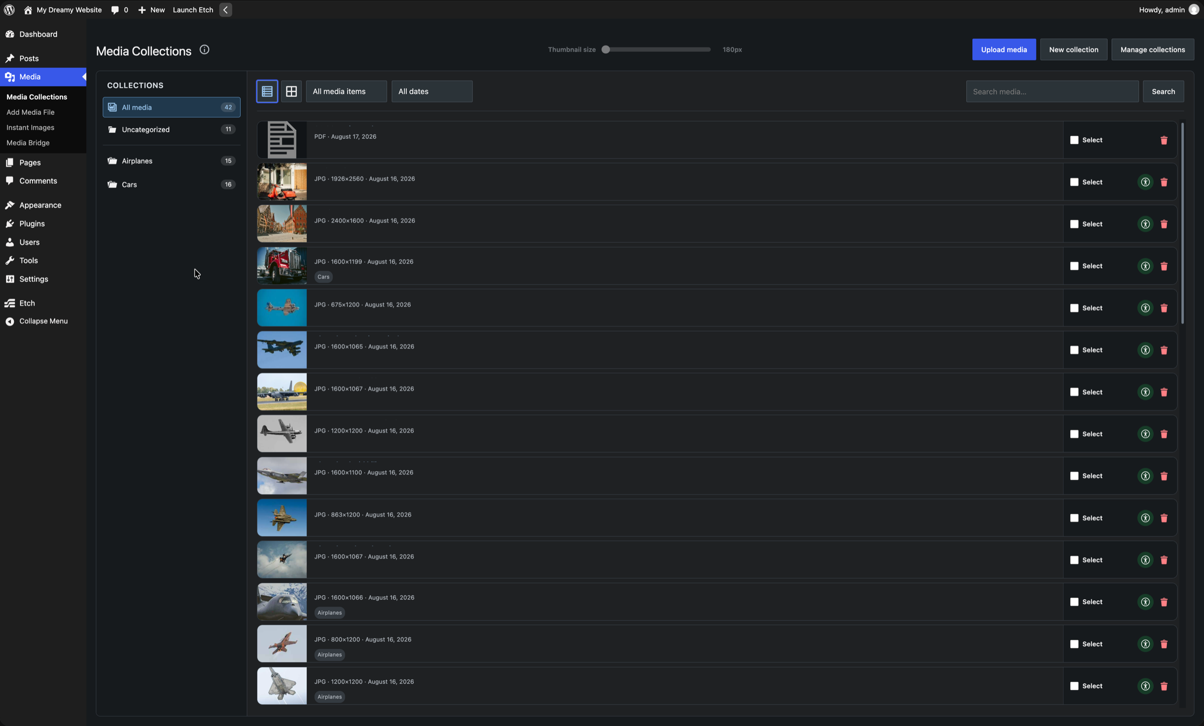 Browse media in a compact list view with media type, file-extension, and upload-date filters.