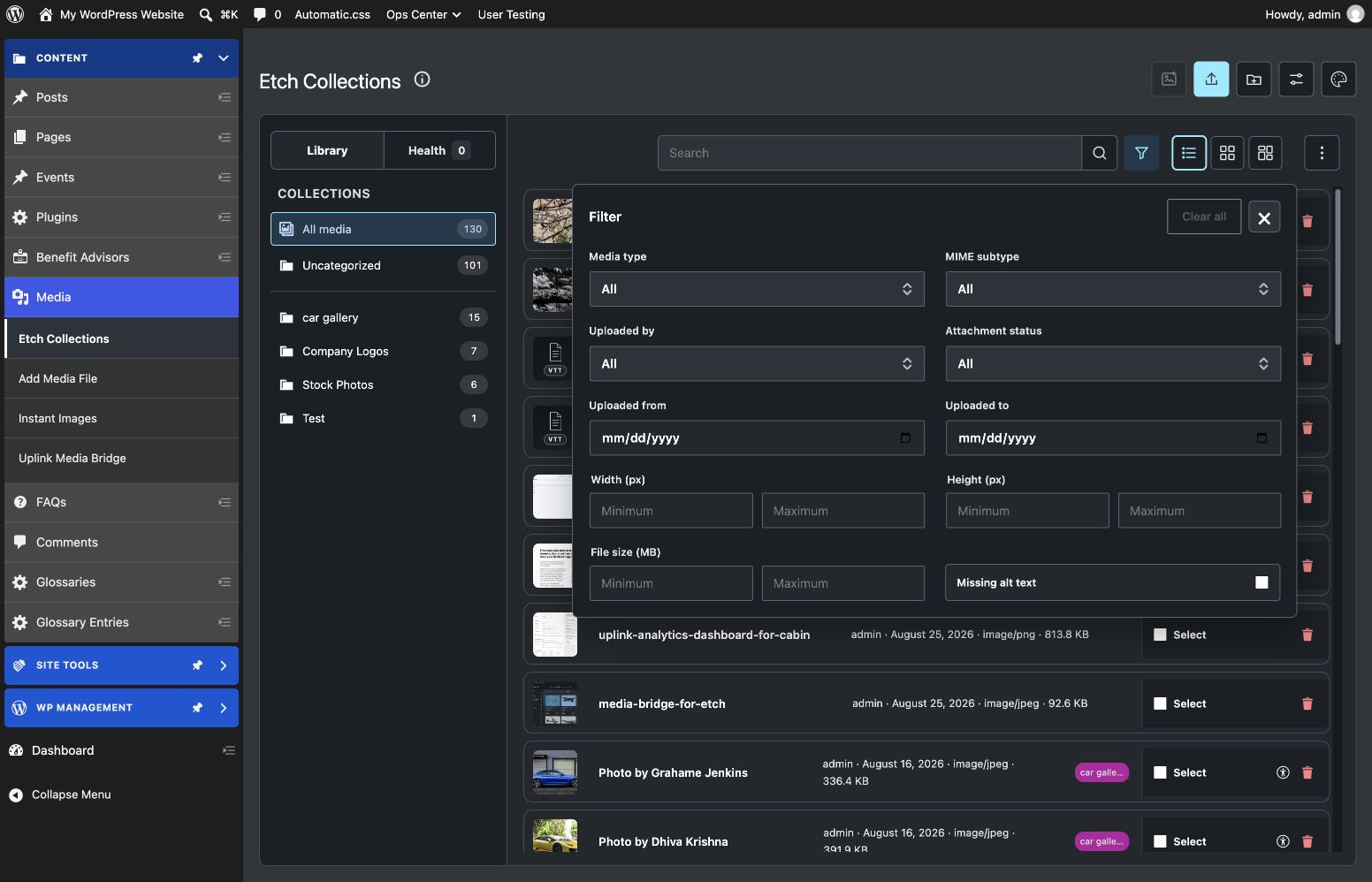 Browse media in a compact list view with the unified media type, MIME subtype, uploader, date, dimension, size, and alt-text filters.