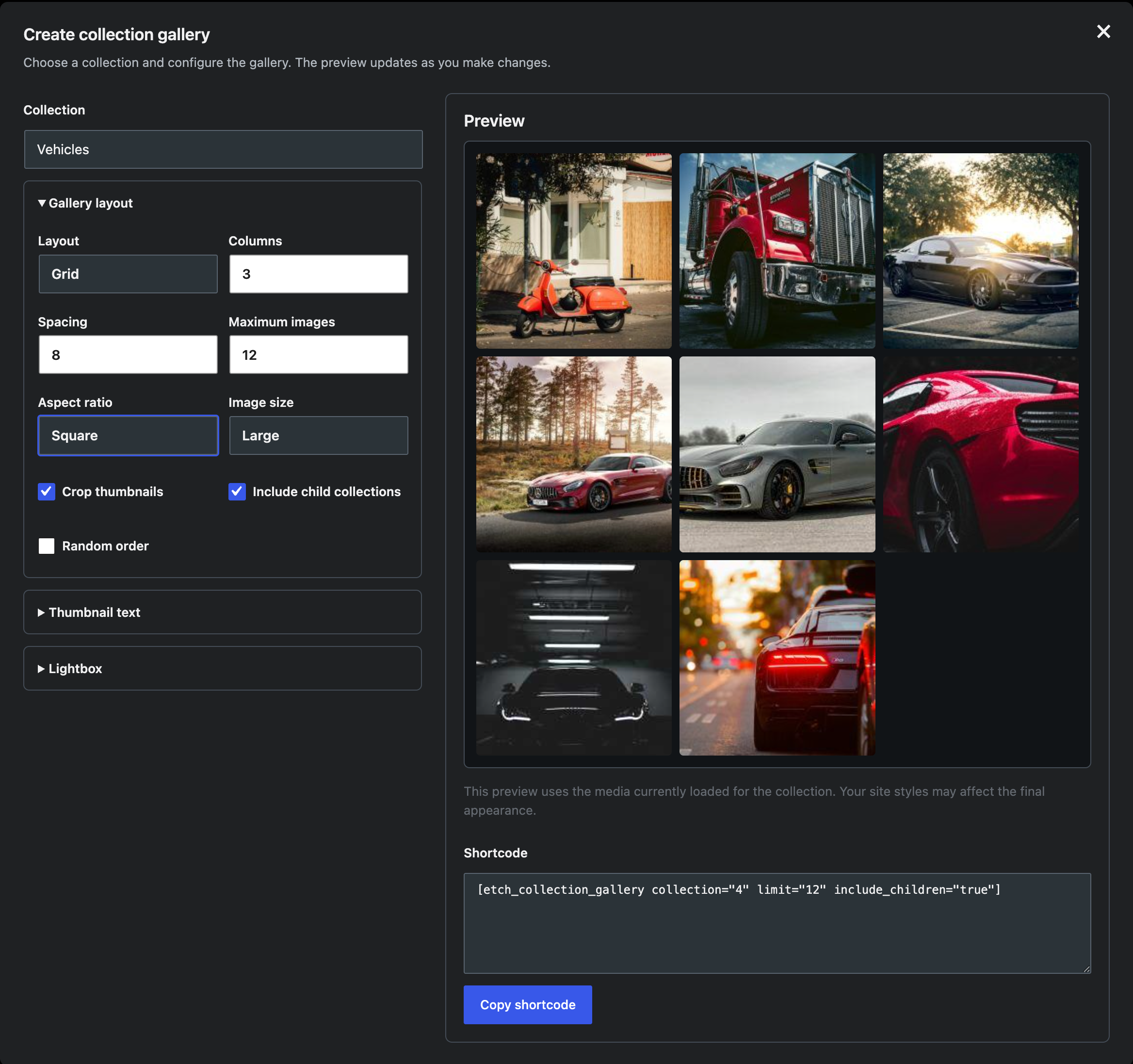 Build and preview a collection-powered gallery with the visual shortcode generator.