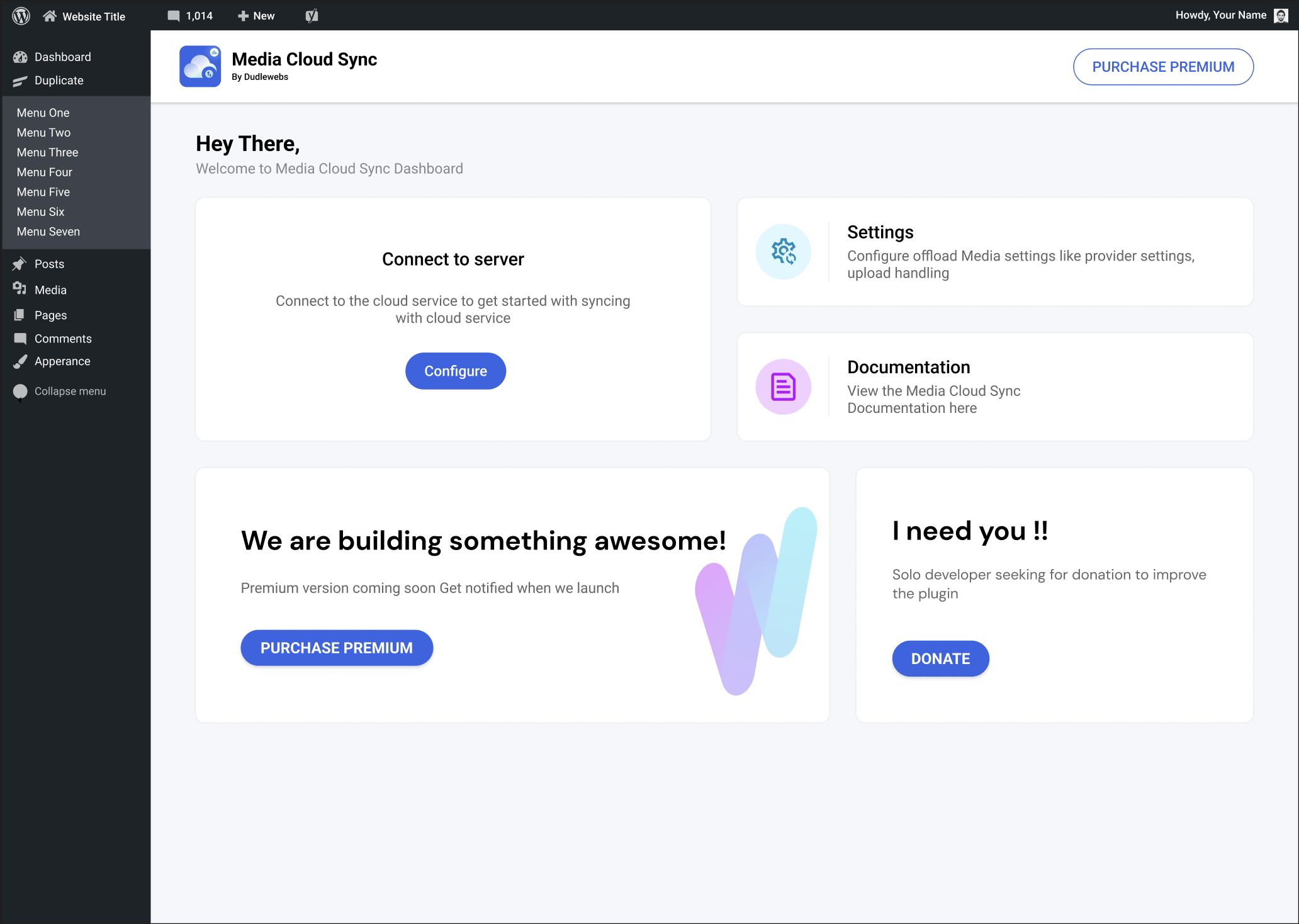 Plugin dashboard page, showcasing the main options for configuring the Media Cloud Sync settings.