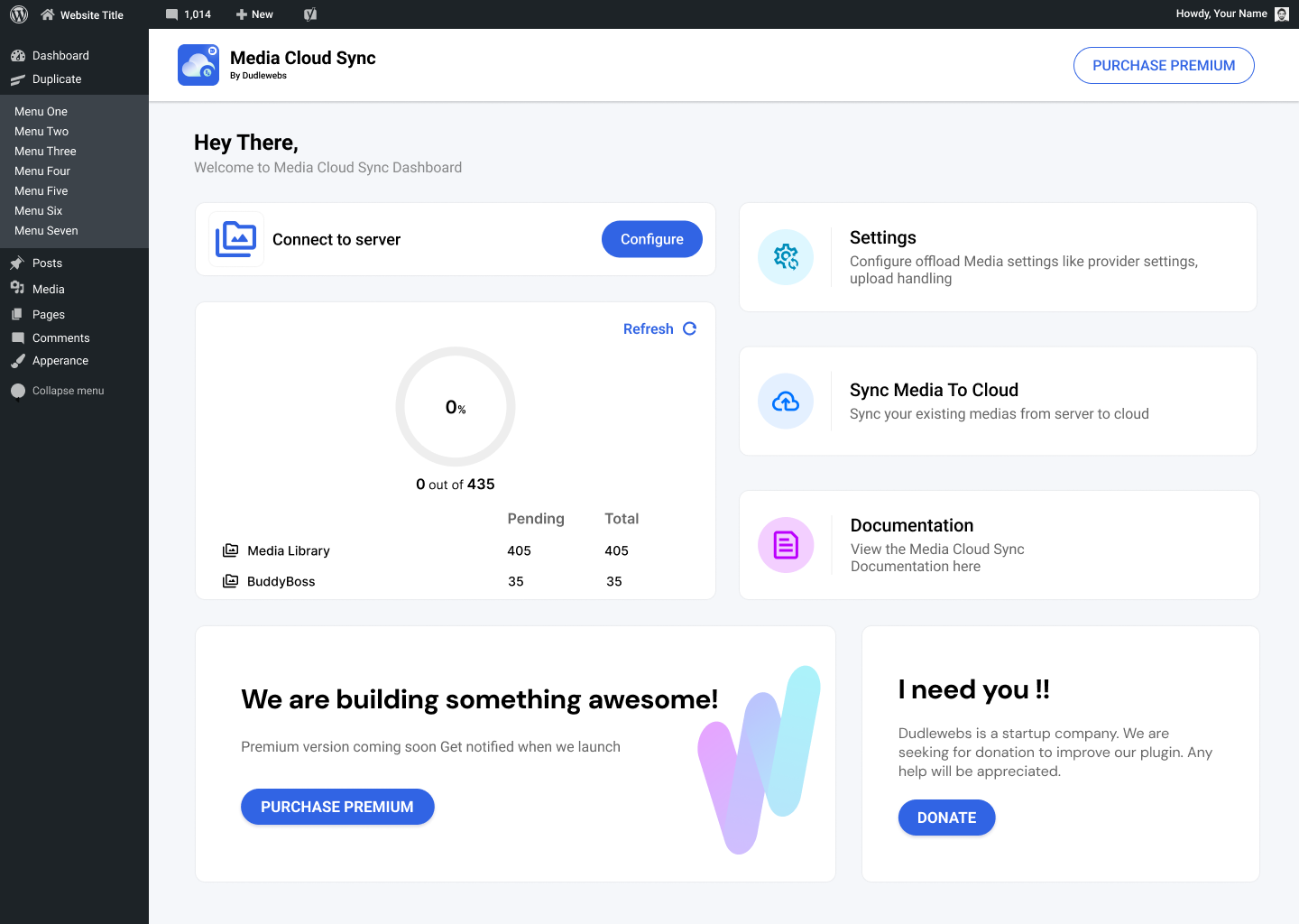 Plugin dashboard page, showcasing the main options for configuring the Media Cloud Sync settings.