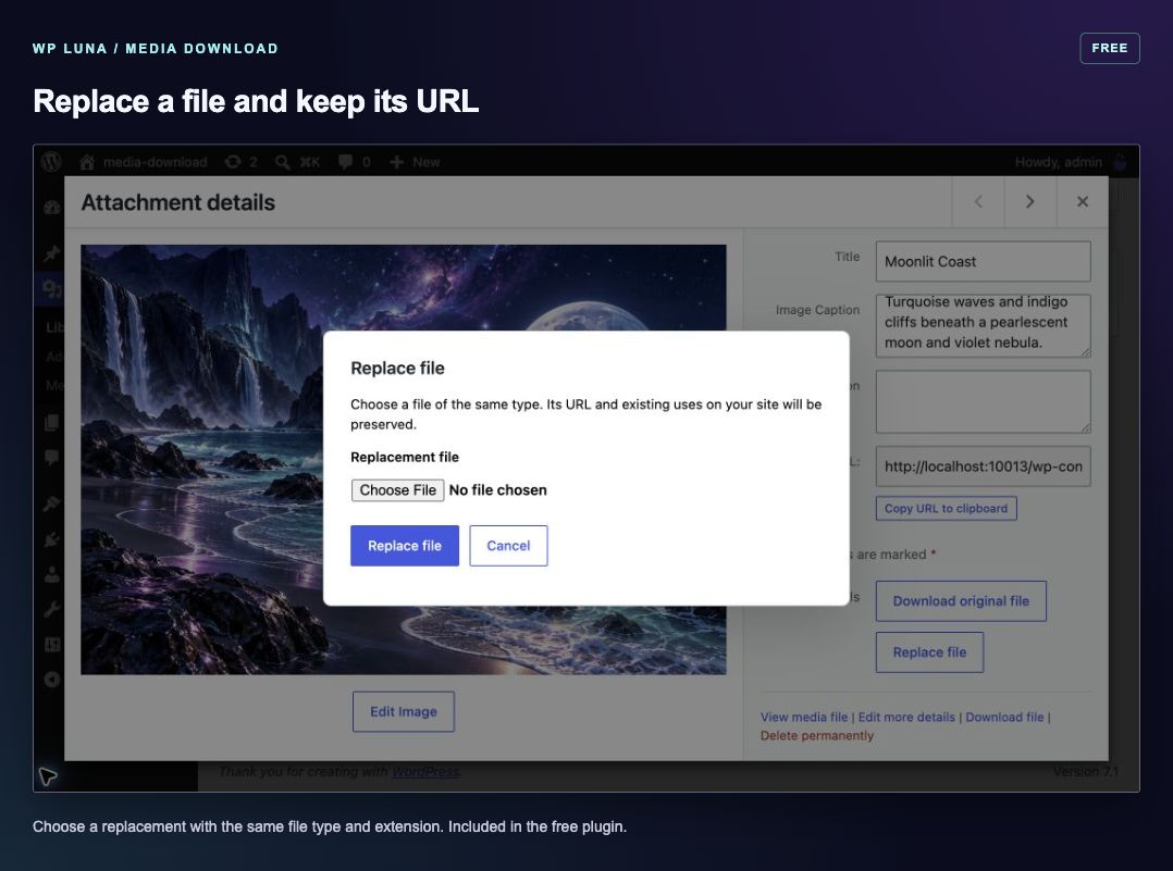 Free: replace a file with the same type and extension while keeping its URL.