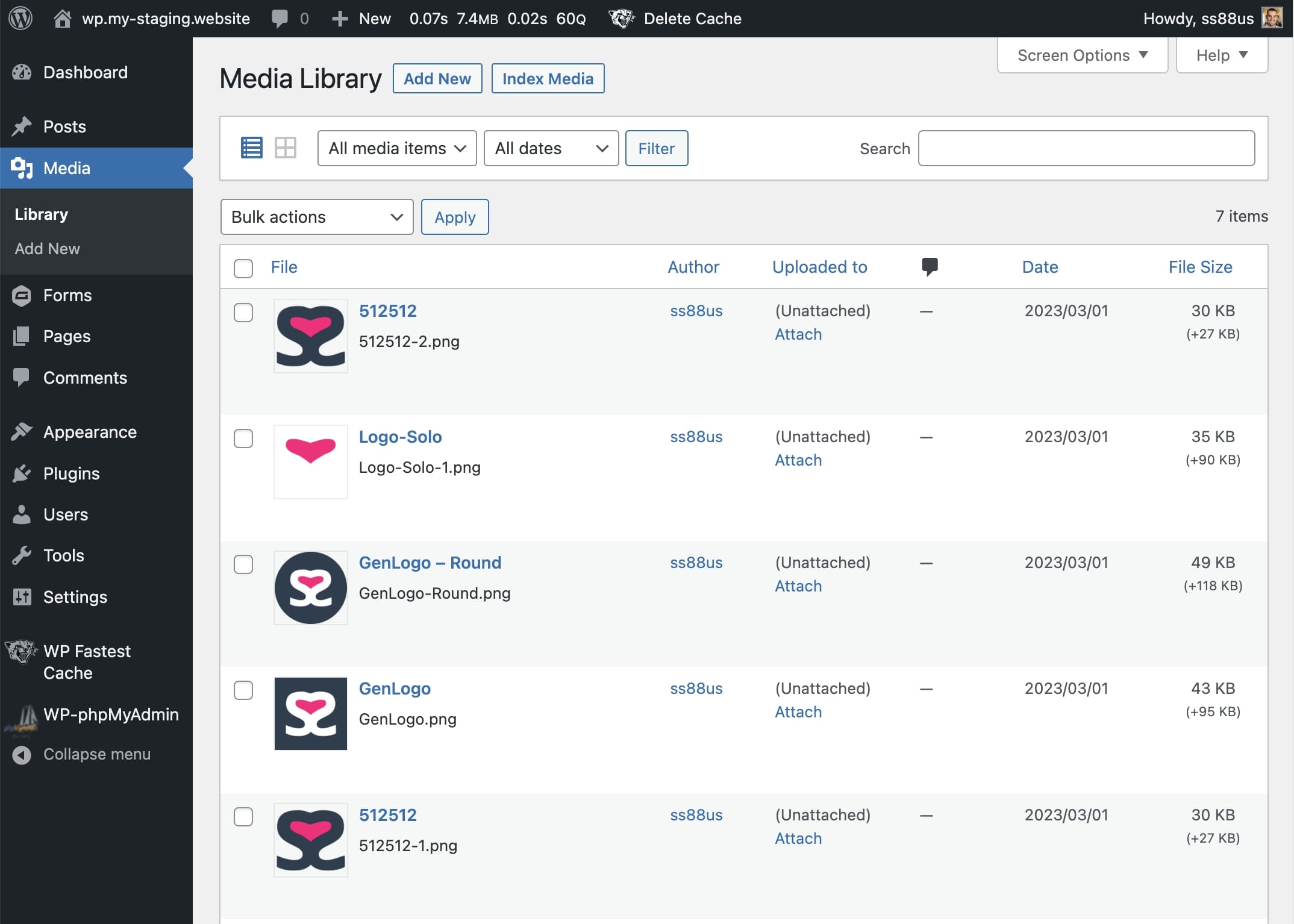 The Media Library view with the new File Size column and 'Index Media' button.
