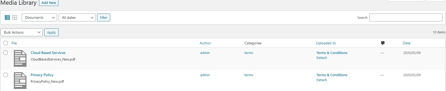 Shows example files attached to a page and the categories column when in within Media Library list view.