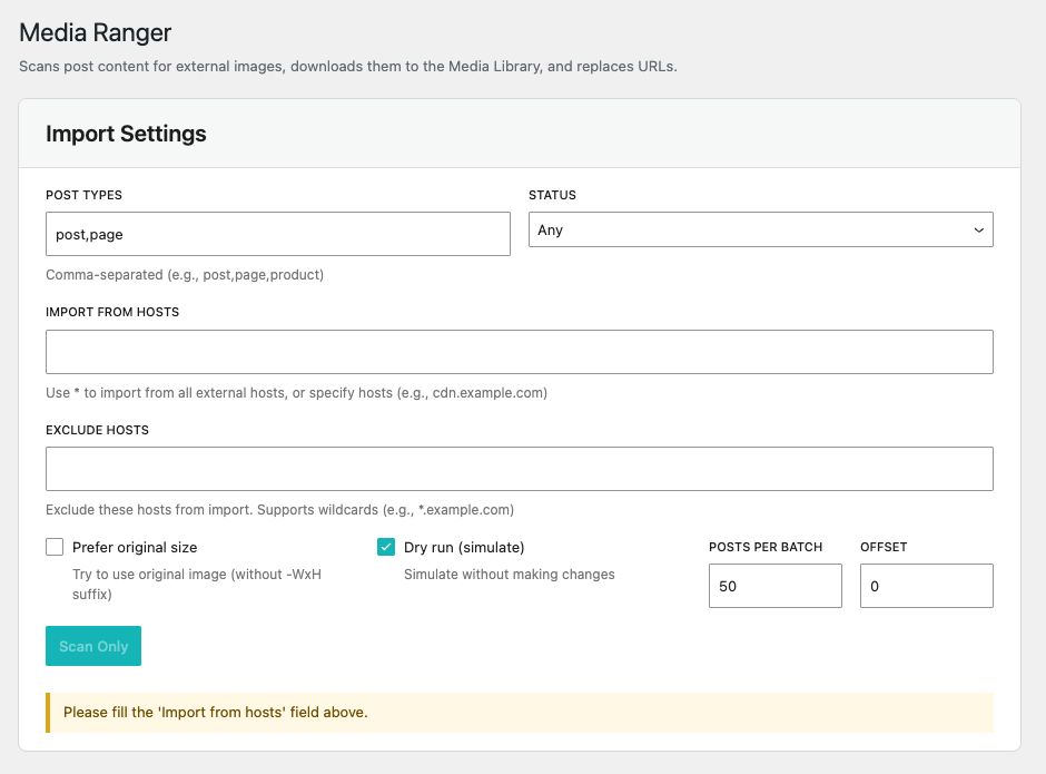 Admin interface showing scan options