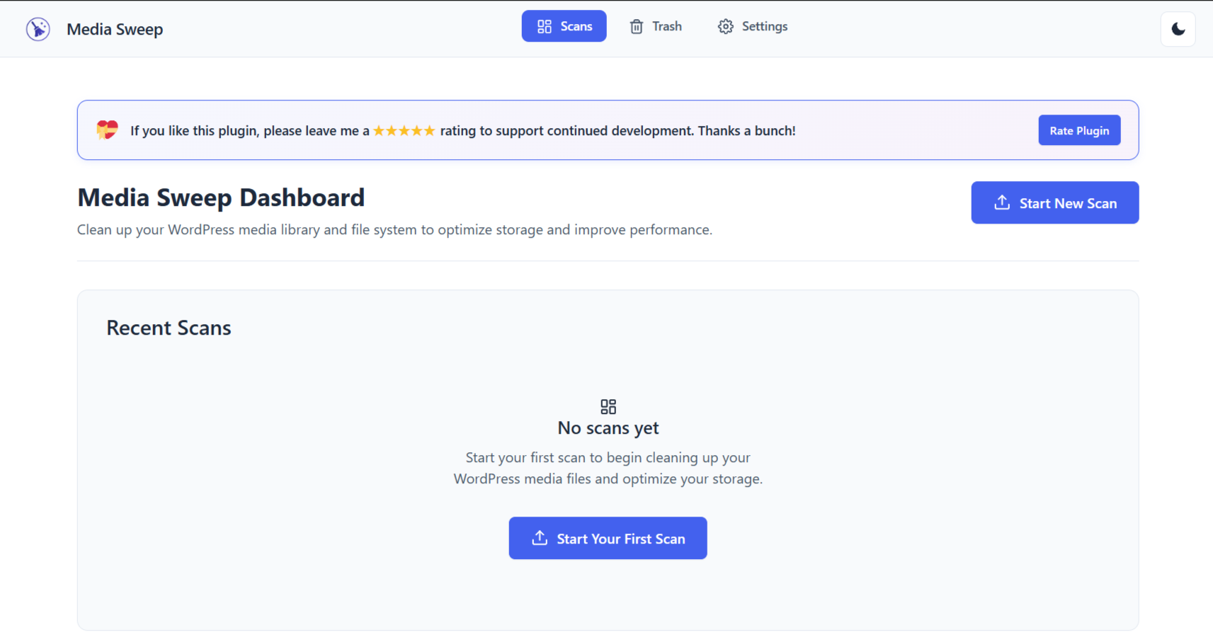Dashboard Overview – Clean, intuitive interface showing scan history and quick actions