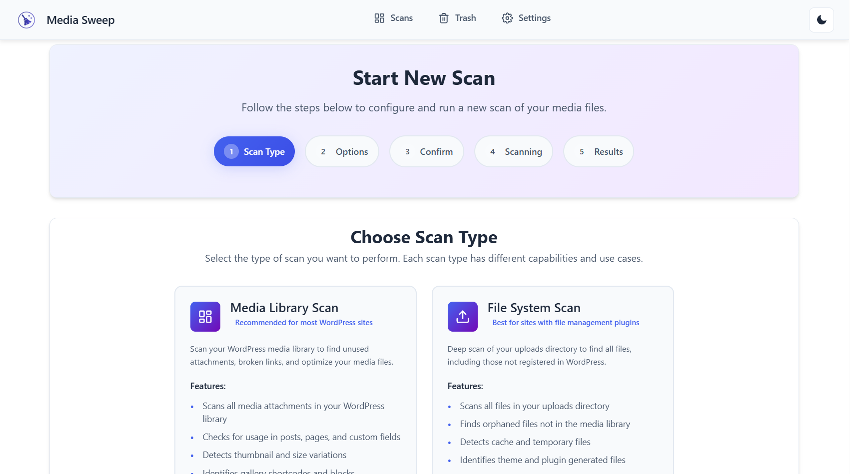Scan Type Selection – Choose between Media Library and File System scans with detailed explanations