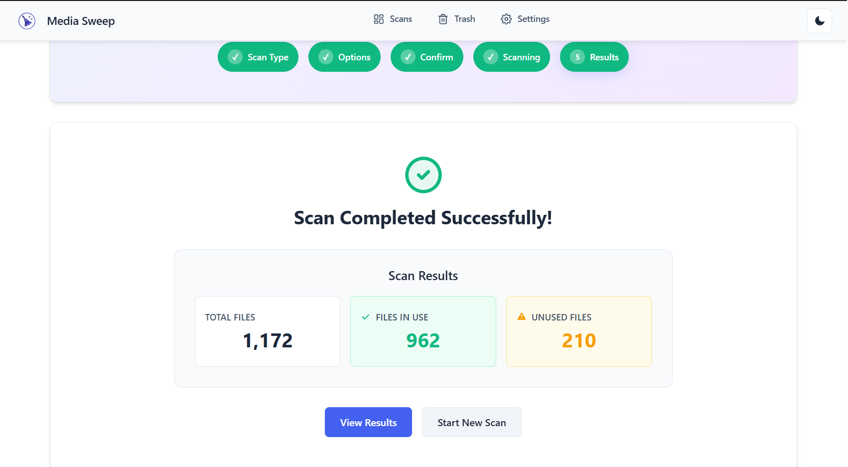 Scan Results – Comprehensive file listing with status, size, and usage information