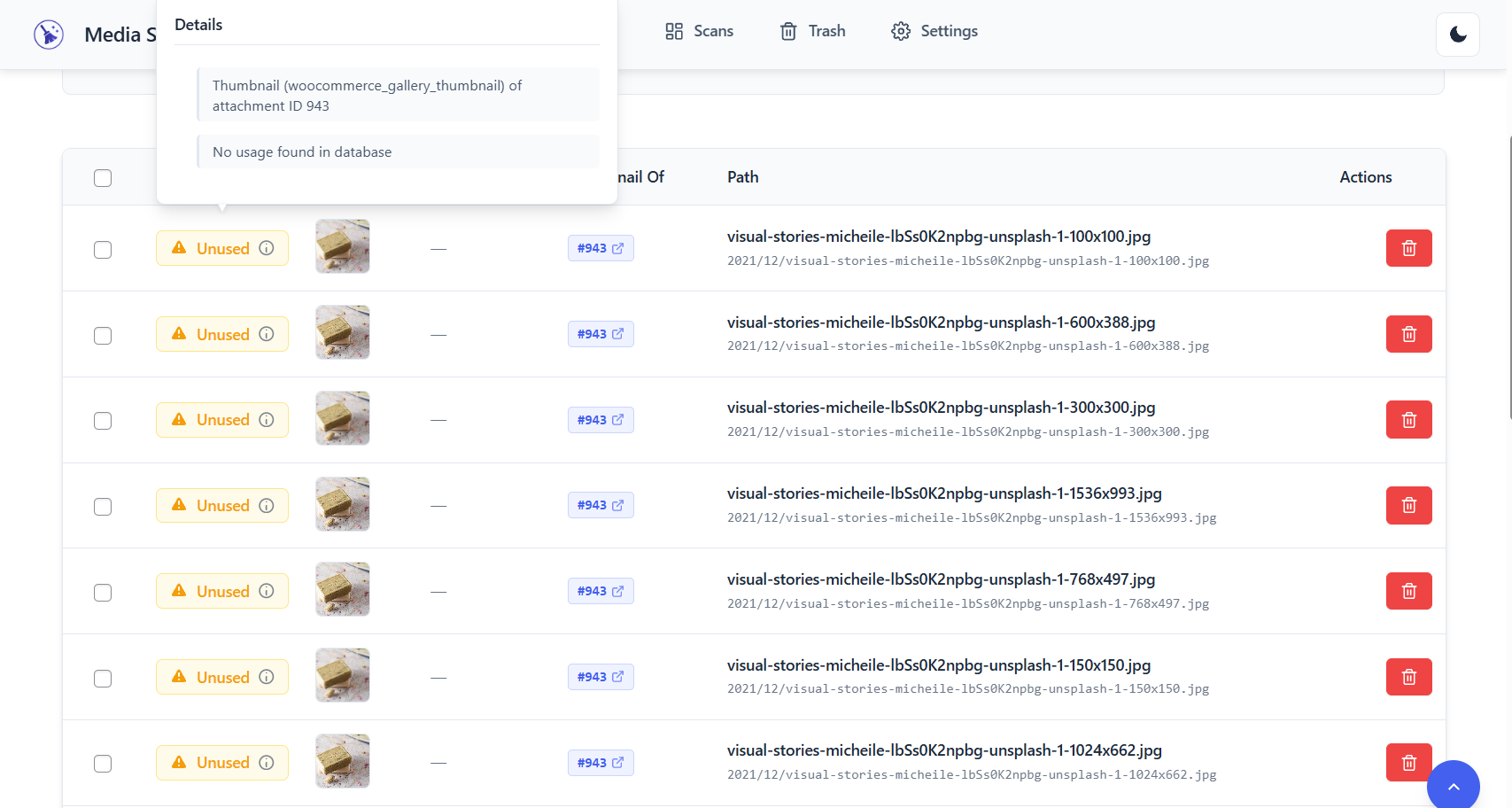 File Details – Detailed view showing where and how files are used across your site