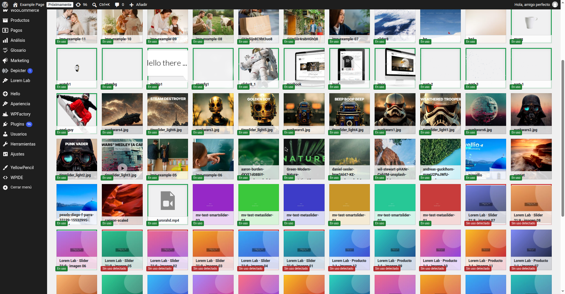 Media Library grid with green "in use" and red "no usage detected" frames.
