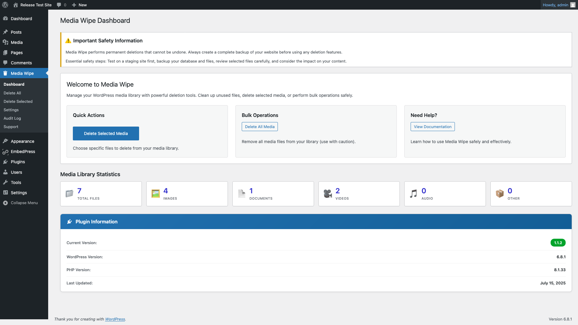 Media Wipe Dashboard with statistics and quick actions
